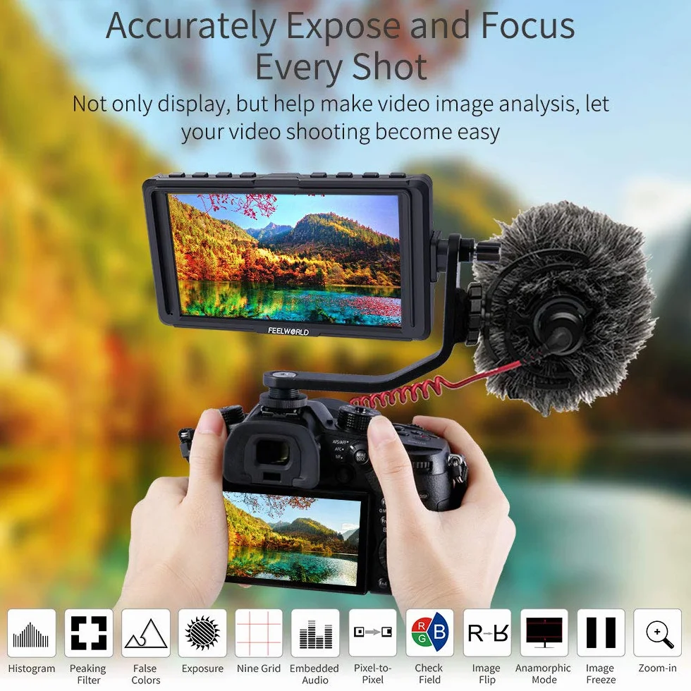 Feelworld F5 5 Pollici On Camera Field Monitor DSLR Small Full HD 1920x1080 IPS Video Peaking Focus Assist con 4K HDMI 8.4V DC Input Output Includono Tilt Arm
