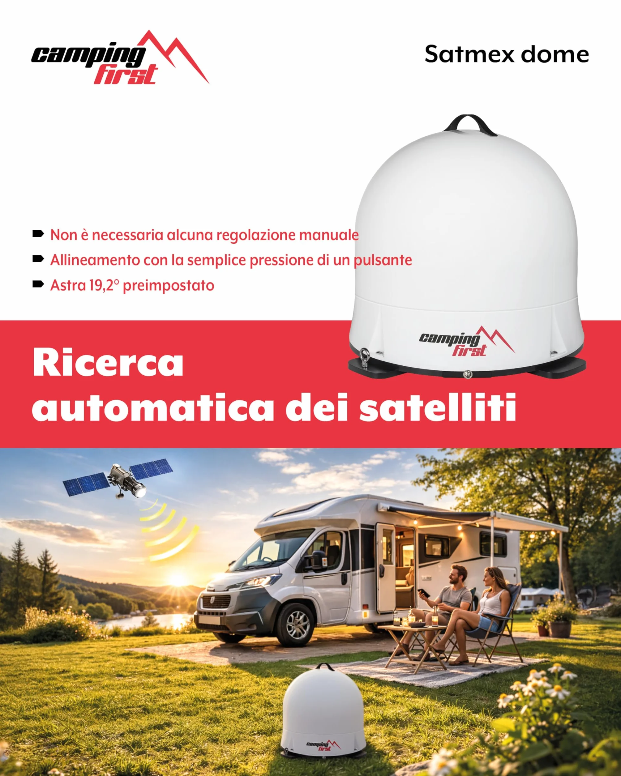 Satmex Dome – Antenna Satellitare (Completamente automatica, orienta Astra 19,2° Est, cupola robusta, senza alimentazione aggiuntiva, ideale per uso mobile) – Bianco