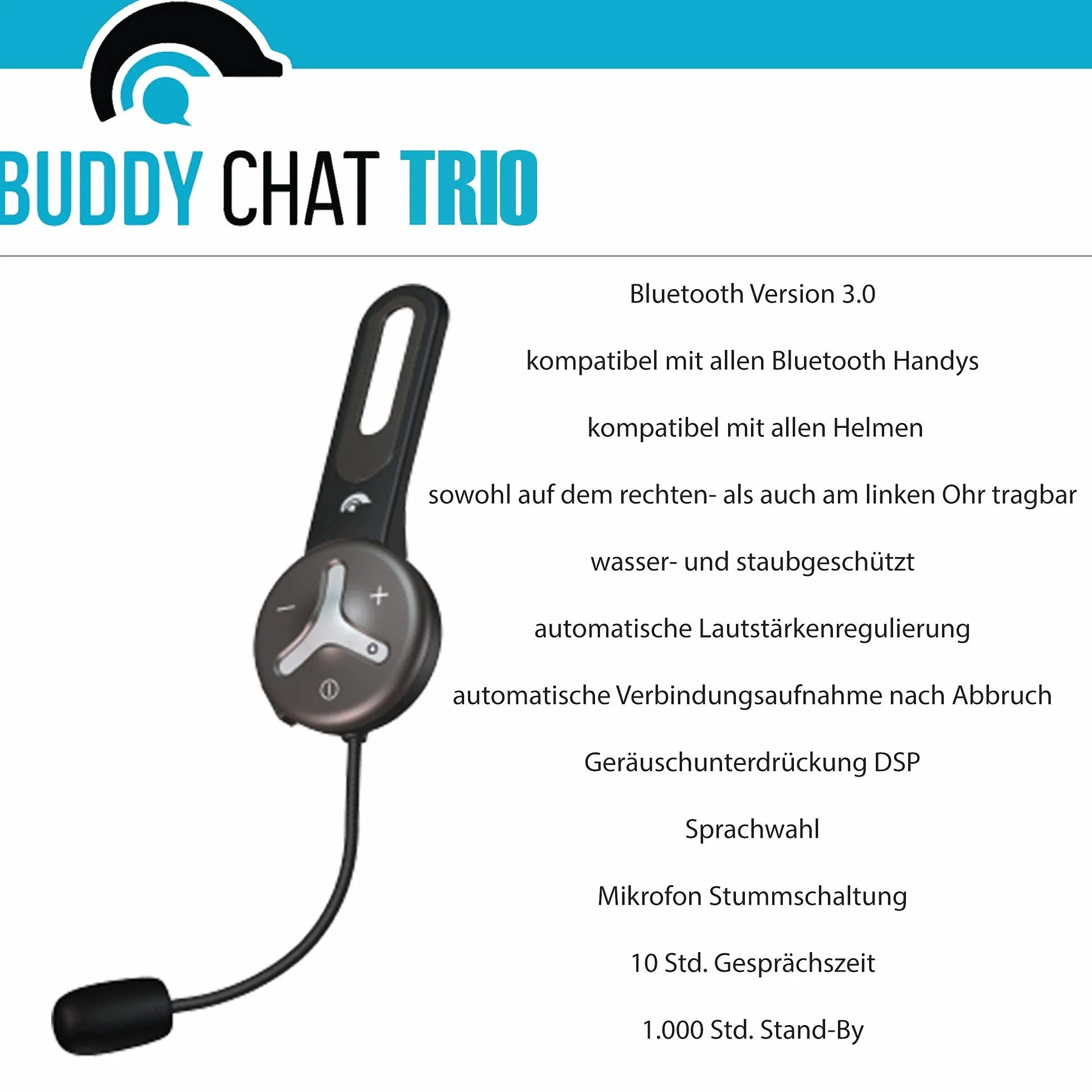 Trio – Citofono con 3 moduli auricolari Bluetooth con portata fino a 1 km – vivavoce con cancellazione del rumore DSP e connessione smartphone
