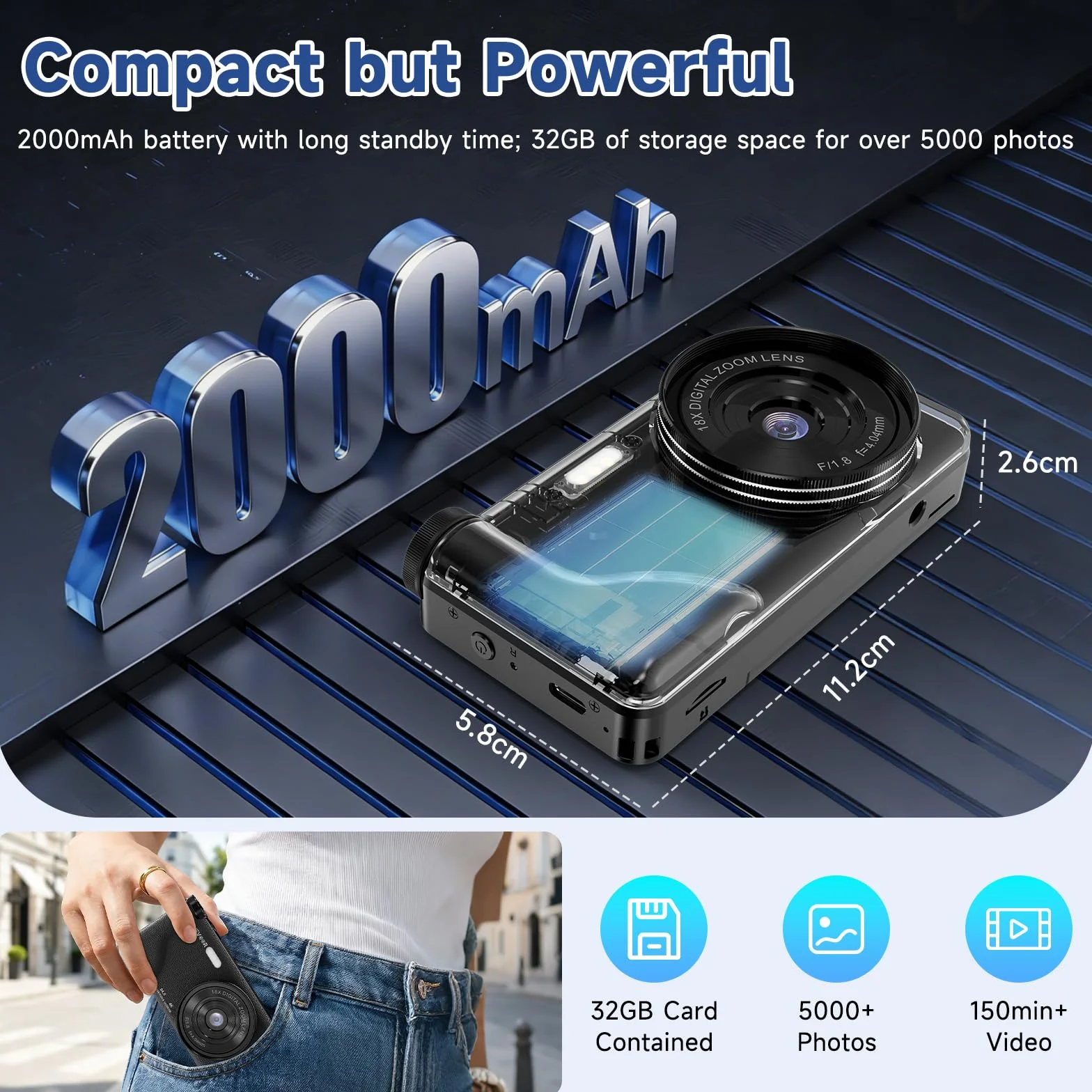 Macchina Fotografica Digitale 4K 64MP, Wevoor Fotocamera Digitale Compatta 32GB con Flip 180° da 3", Zoom Digitale 18x, Batteria da 2000 mAh, Digital Camera Per Principianti Adolescen Bambini - Nero