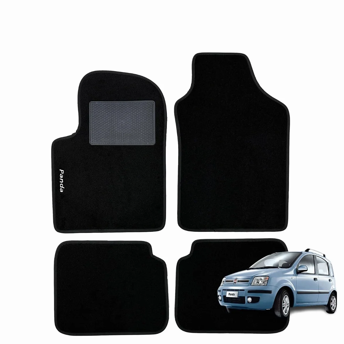 SERIE 4 TAPPETI - TAPPETINI IN MOQUETTE NERI PER PANDA DAL 2003 AL 2012 con battitacco cucito e Striscia antiscivolo