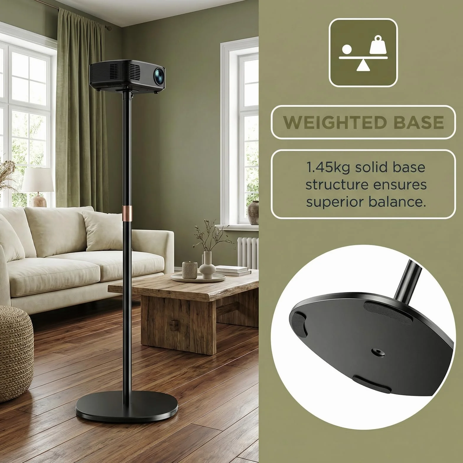 Supporto per Proiettore, Supporto Girevole a 360° per la Maggior Parte dei Proiettori, Altezza Regolabile 128-164 cm, con Base Resistente per Home Cinema, Sala Giochi, Ufficio