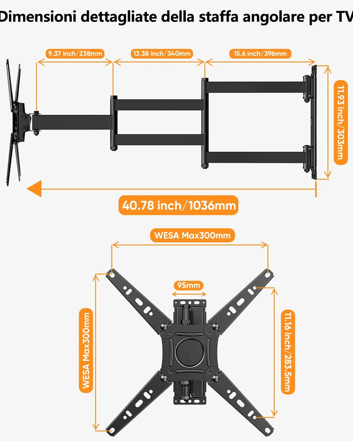 Supporto TV Parete con Braccio Articolato Extra Lungo 1035 mm, 180° Rotazione Supporto TV Monitor per LED/LCD da 17-50 Pollici Fino a 30 kg, Inclinabile Orientabile Estensibile, VESA 300 x 300 mm