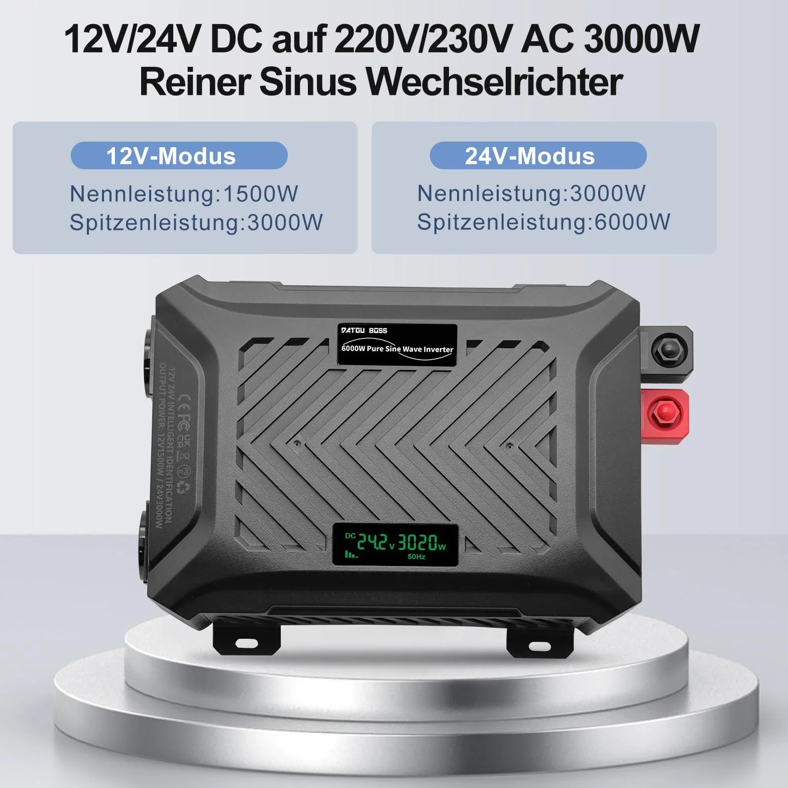 DATOUBOSS Inverter Onda Sinusoidale Pura 12V/24V a 220V Convertitore Universale Onda Pura 3000W con sistema di rilevamento intelligente, con LCD Display, interfaccia USB, Type-C e 2 presa UE