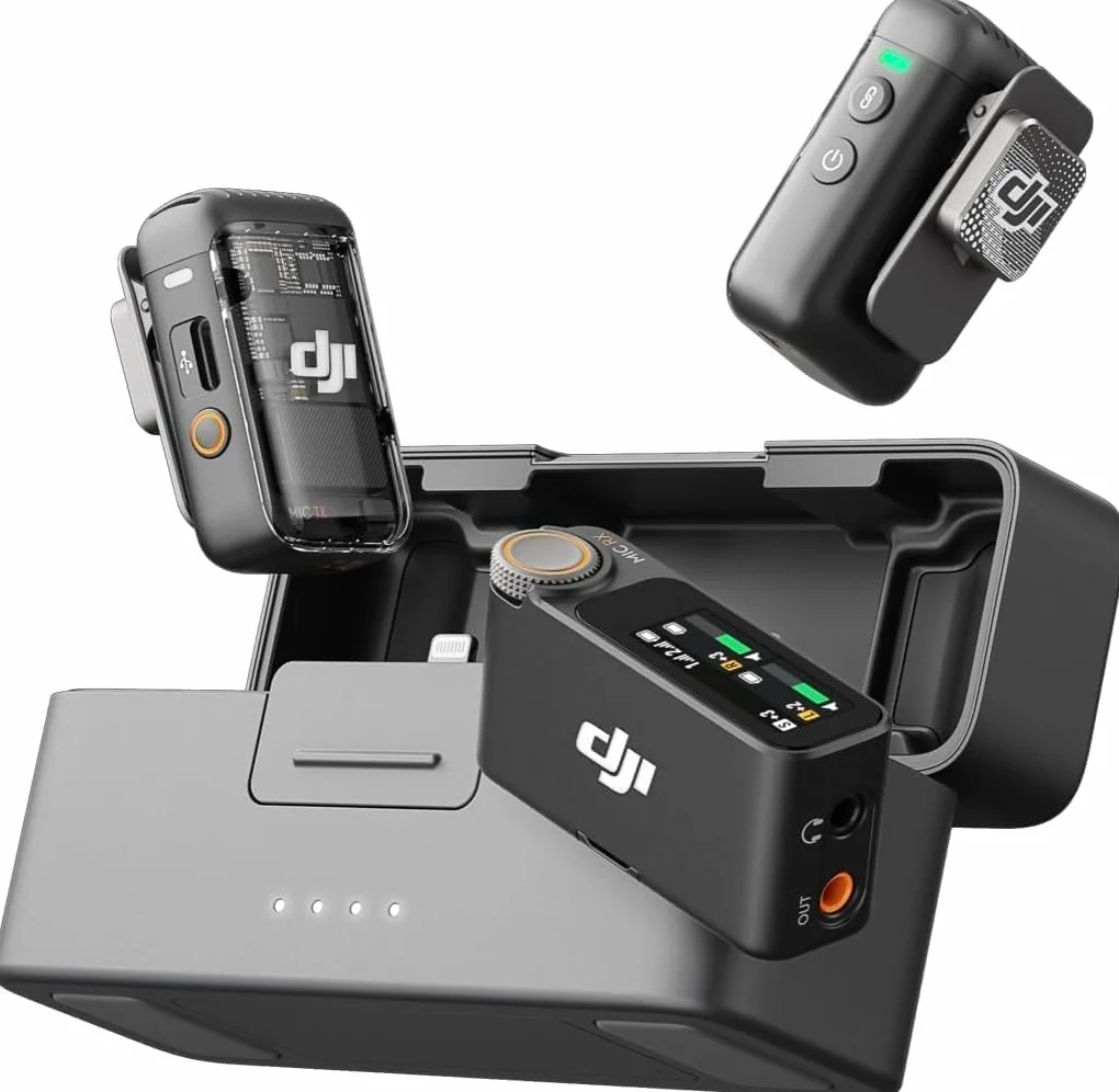 DJI Mic 2 (2 TX + 1 RX + Custodia di ricarica), microfono wireless integrato, eliminazione intelligente del rumore, registrazione interna in float a 32 bit, 250 m di distanza, per iPhone e Android