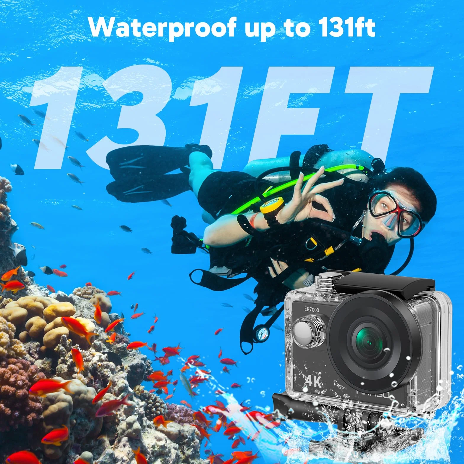 AKASO EK7000 Action Cam 4K, Fotocamera Subacquea WiFi 20MP, Impermeabile 30M, Microfono Esterno Compatibile, Telecomando, 2 Batterie 1050 mAh, Accesorios Multiples per Bicicletta Casco Sci Surf
