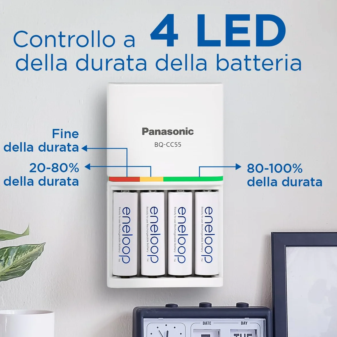 eneloop Caricabatterie SmartPlus per Batterie AA/AAA Ni-MH, Include 4 Batterie AA 2000mAh, Ricarica Rapida 1,5 Ore, con LED e 10 Funzioni di Sicurezza