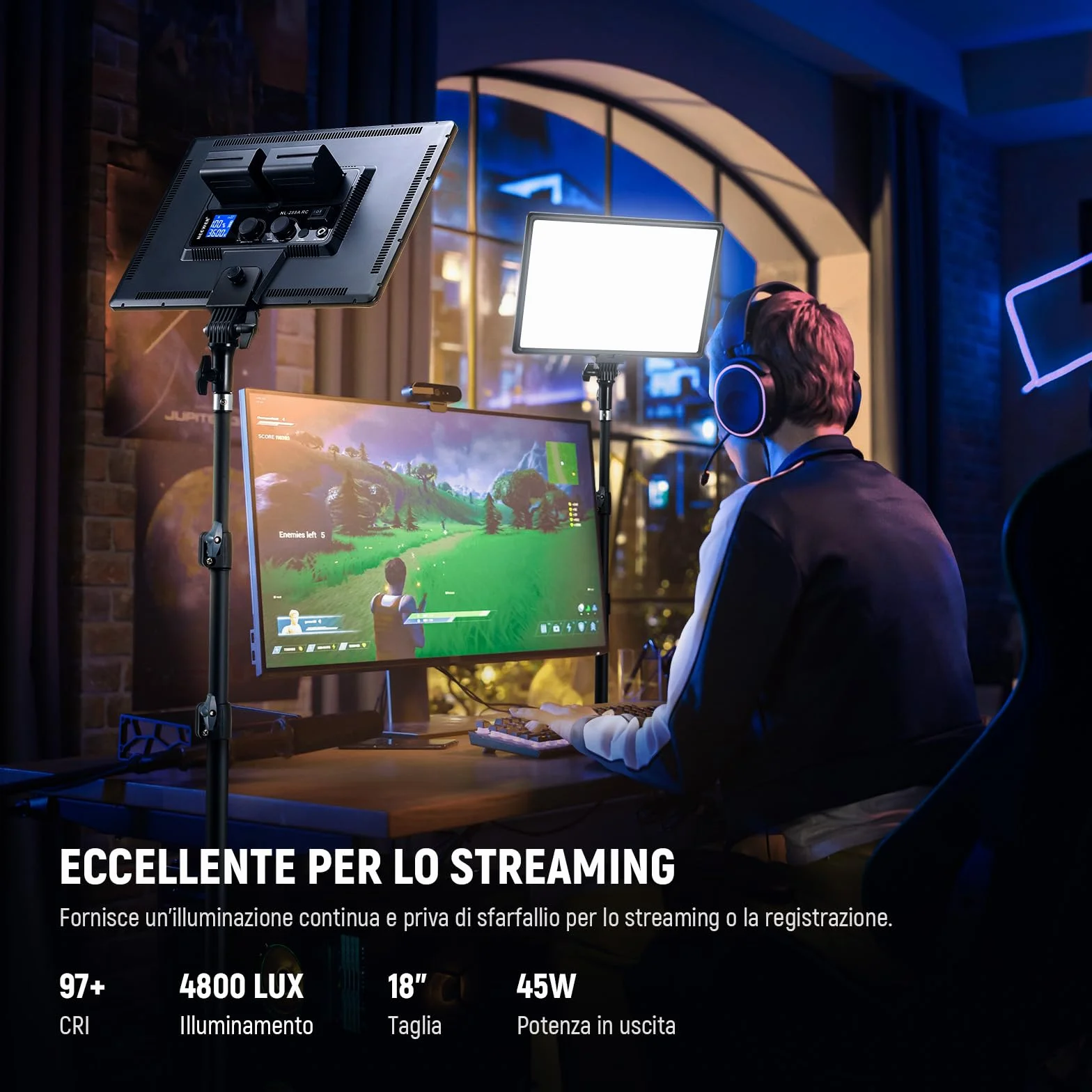 NEEWER Kit Illuminazione Fotografia di 18" Pannello Luce Video LED + Stativo Telecomando Panno Pulizia, 2pz Key Light 45W Dimmerabile Bicolore da Studio 3200K-5600K CRI97+ 4800Lx per Streaming Riprese
