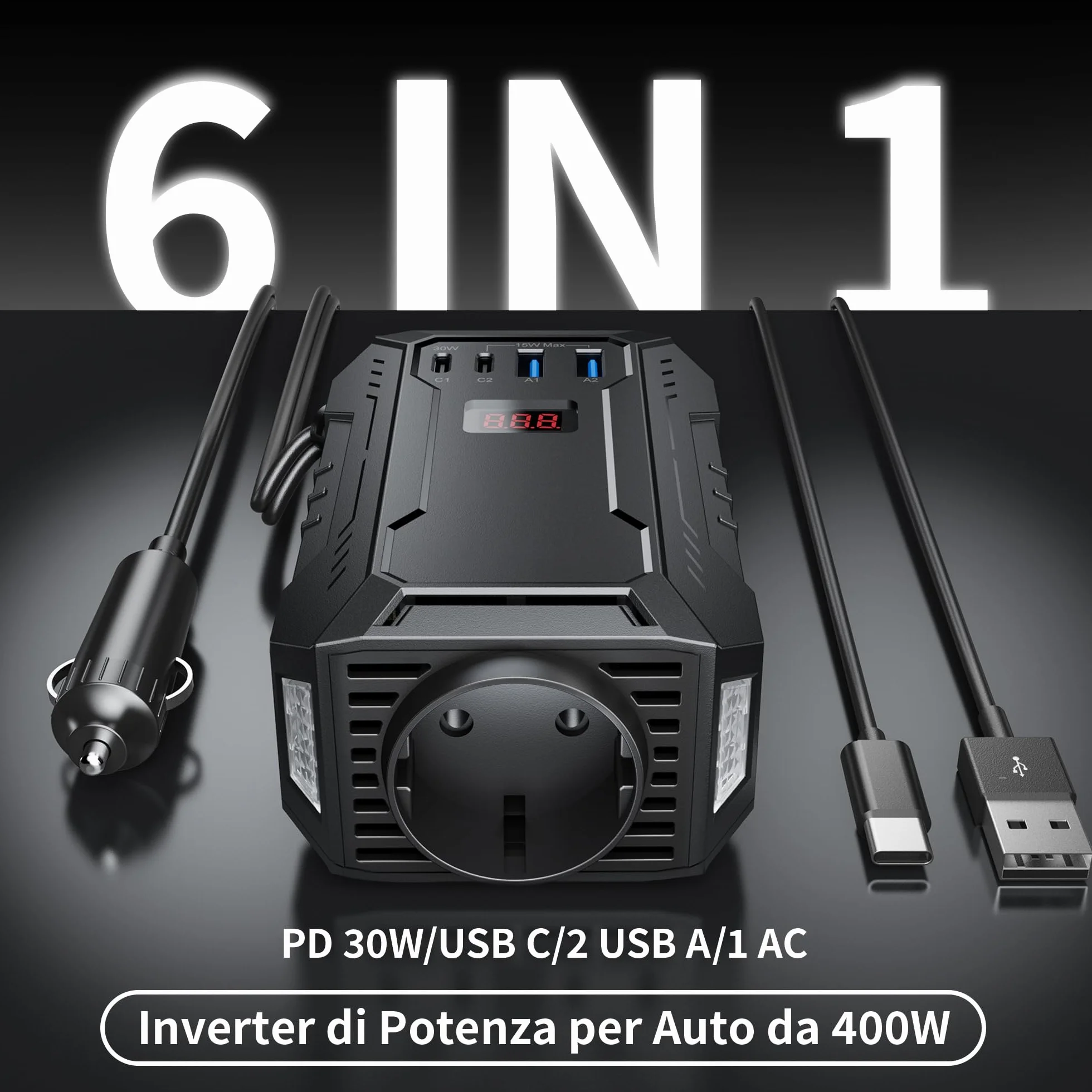 BESTEK Inverter Auto Onda Pura 400W, Trasformatore Inverter 12V a 220V, 2 USB, Multi Protezioni e Soft Start, Ideale per Auto/Camper, Alimentazione da Accendisigari