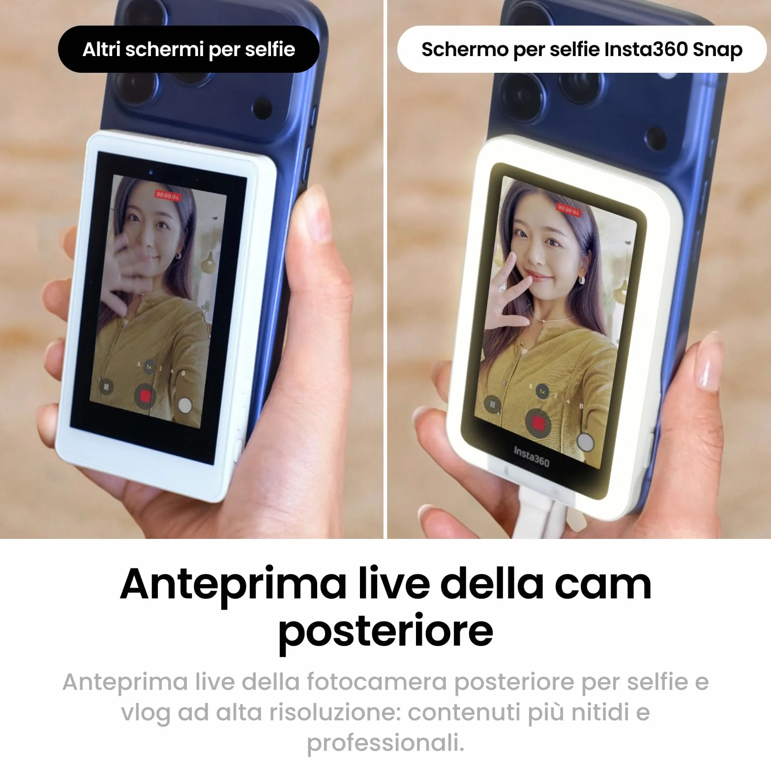 Insta360 Snap Schermo per selfie con luce - Schermo 4K magnetico ideale per selfie e vlogging, compatibile con iPhone 15/16/17 Pro, luce regolabile, controllo touchscreen, collegamento immediato