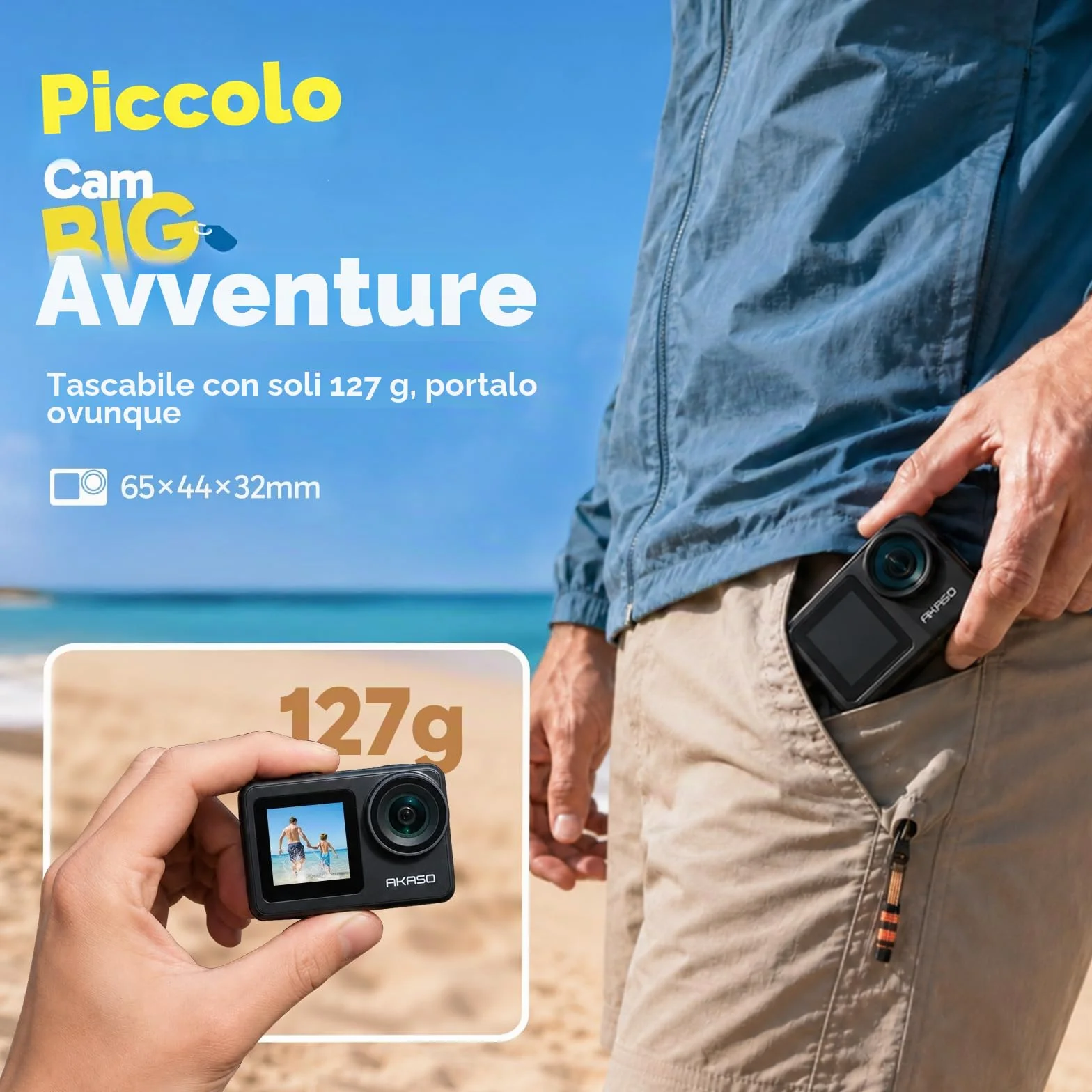 AKASO Brave 7 LE Action Cam 4k30FPS 20MP con Scheda di Memoria U3 da 128GB IPX7 Impermeabile EIS Fotocamera Touch Screen Doppio Schermo Fotocamera Subacquea 40M