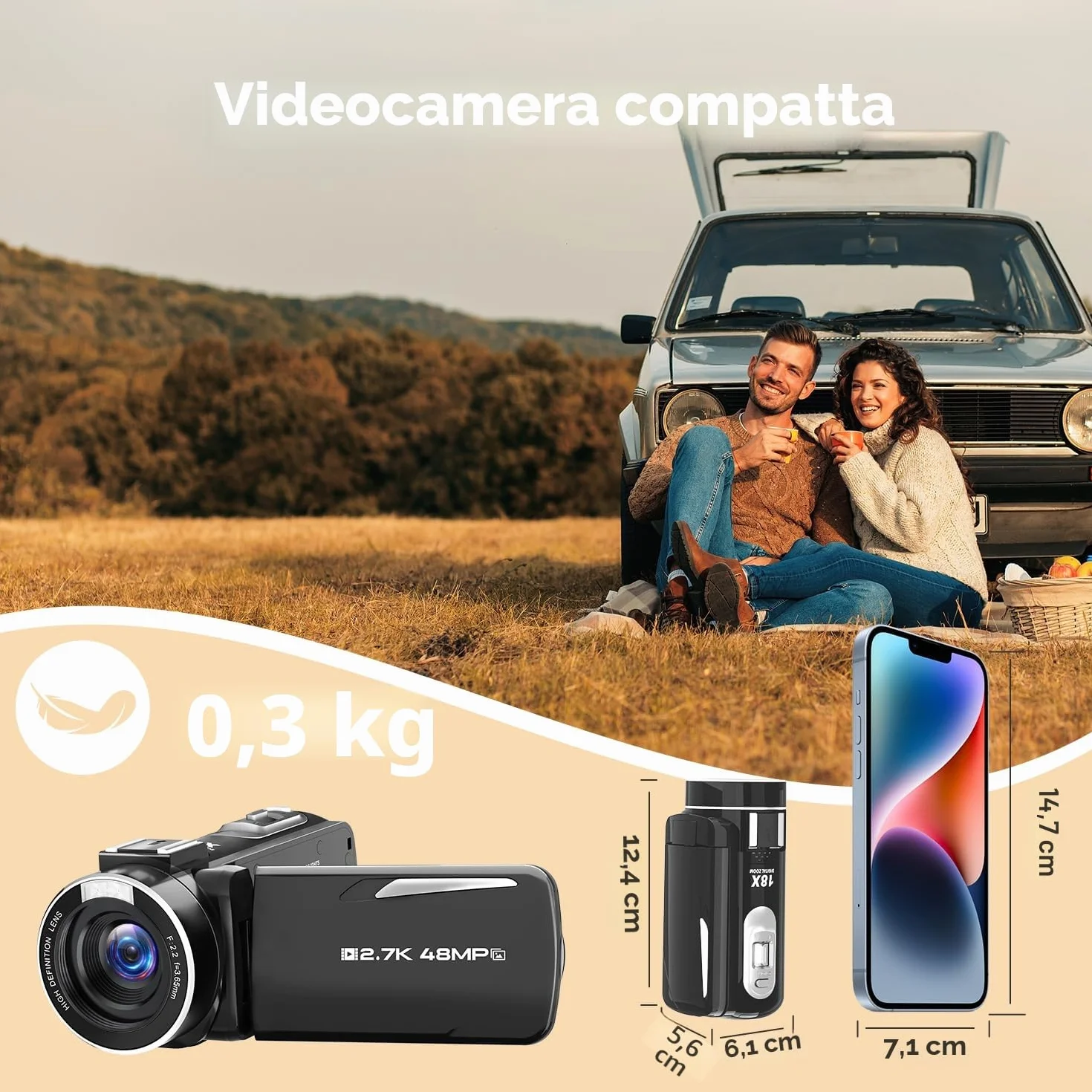 Videocamera 2.7K Camcorder 48MP zoom digitale 18X Vlogging Camera per Youtube, 3.0" 270°Schermo Webcam Video Camera con Scheda da 32 GB & Batteria