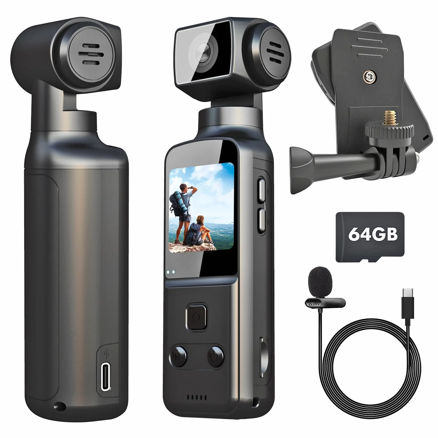 4K Bodycam, Vlog/POV Camera con Obiettivo Ruotabile 270°, Telecamera/Videocamera Portatile, Mini Action Cam con Microfono Esterno, Clip e Scheda TF da 64 GB