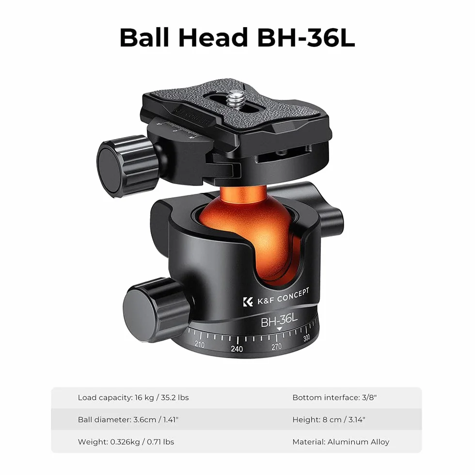 K&F Concept Testa a sfera per treppiede in metallo da 36 mm Rotazione a 360 gradi Panoramica con piastra a sgancio rapido da 1/4 di pollice Livella a bolla Capacità di carico fino a 35,2 libbre/16 kg