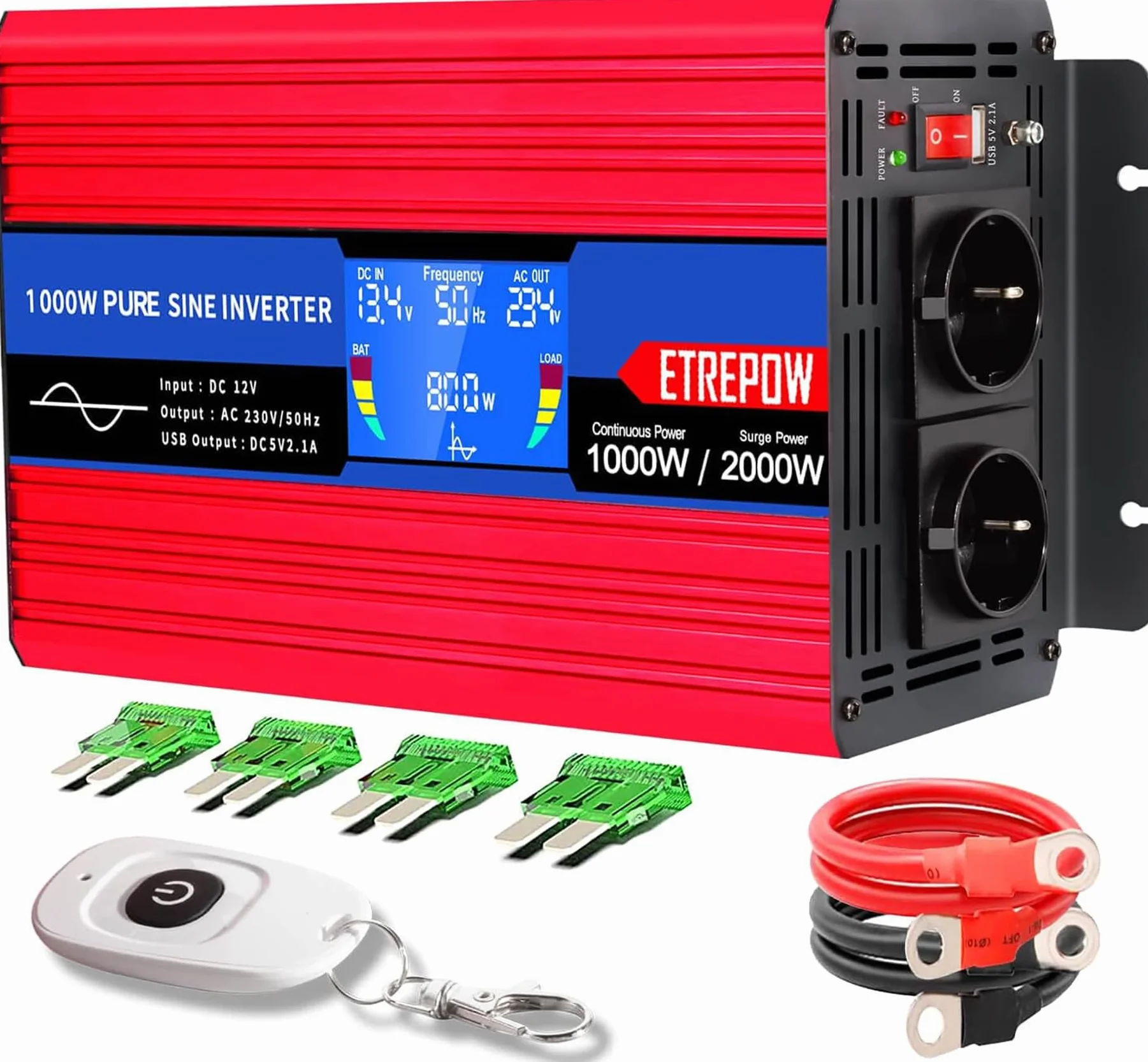 1000W Inverter 12V 220V Onda Sinusoidale Pura Trasformatore Con 2 Prese EU e USB, Telecomando Senza Fili,Display LCD,Picco 2000W
