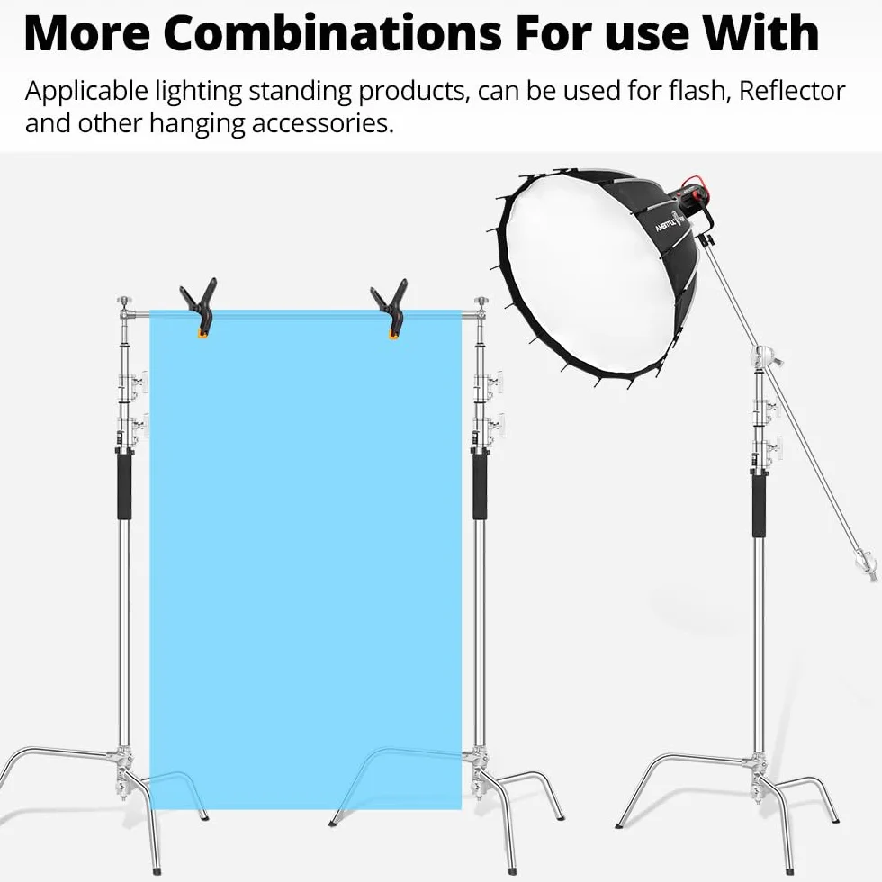 AMBITFUL Stainless Steel Heavy Duty C Stand, 150-320 cm, regolabile con ruote per riflettori, softbox, monolight, braccio resistente (AMBITFUL C-STAND KIT + BAG + WHEELS)
