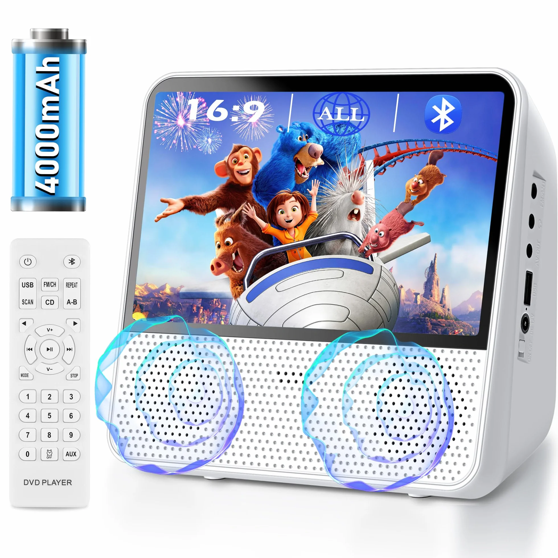 Lettore DVD Portatile Bluetooth 4000mAh Ricaricabile Region Free per Auto con Altoparlanti Integrati Doppi