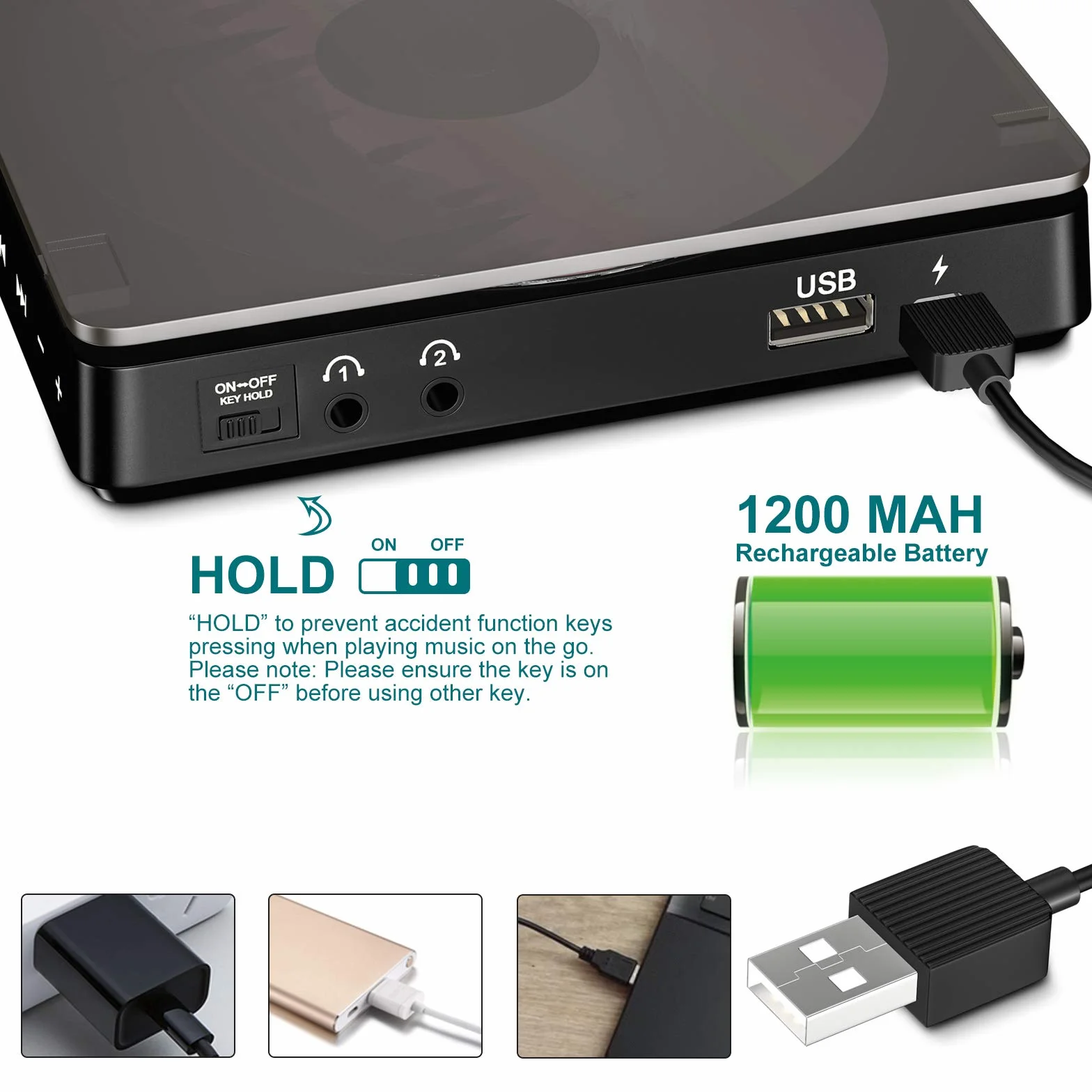 Lettore CD portatile 1200 mAh Personale Lettore MP3 CD con Doppia Presa per Cuffie da 3,5 mm disco Walkman con Protezione Antiurto per bambini e adulti