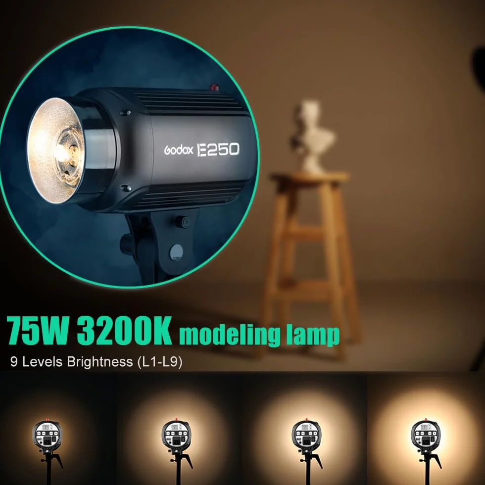 Godox Kit professionale di luci flash stroboscopiche da studio per la fotografia, 3 Pack 250W strobo con trigger strobo, Softbox, stativi per luci, braccio a braccio
