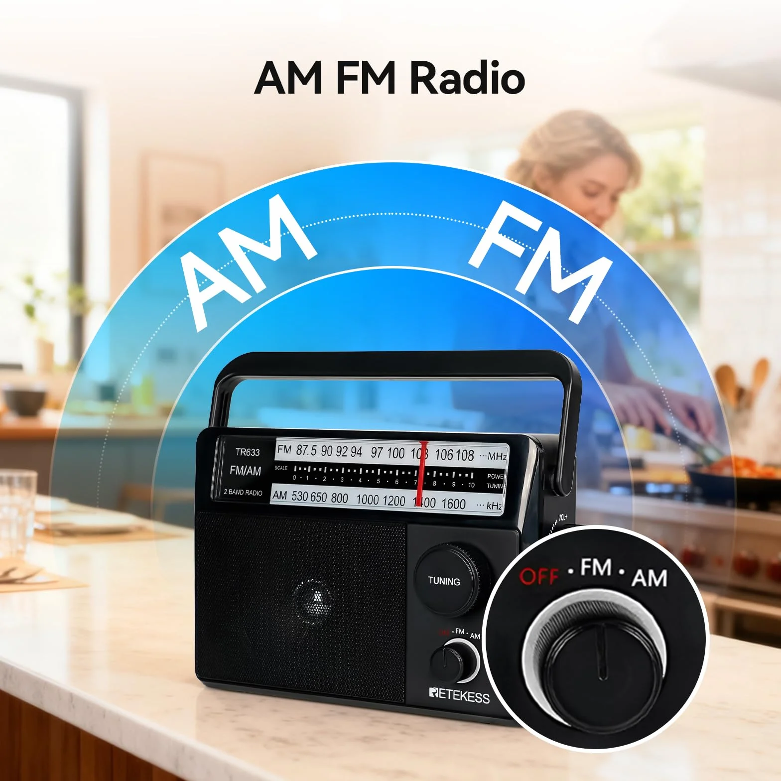 Retekess TR633 Radio Portatile, AM FM Radio,Transistore Radiolina Portatile, Jack per Cuffie,Con Altoparlante Grande, Semplice per anziani,Cucina,Per Camera da Letto(Nero)
