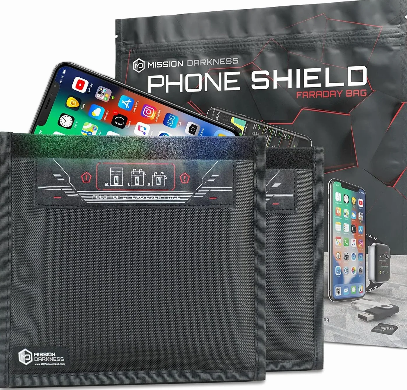 Mission Darkness Borsa Faraday senza finestra per telefoni (confezione da 2) // Custodia con blocco del segnale impedisce l'hacking di tracciamento e spionaggio, schermatura del dispositivo per forze