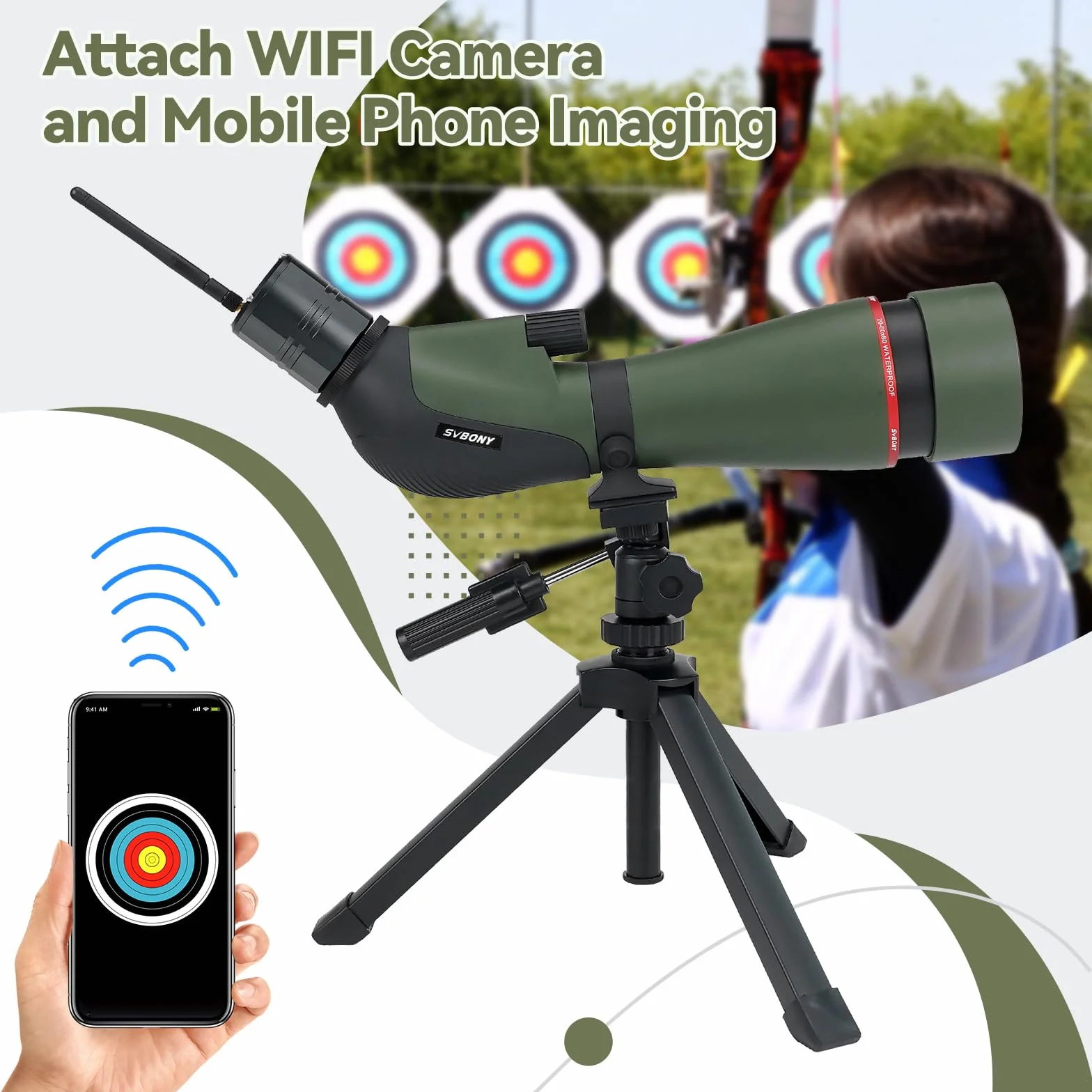 Svbony SA412 20-60x80 Spotting Scopes con WIFI Camera, HD Spotting Scope con Treppiede da Tavolo, Cannocchiale a Lungo Raggio, Cannocchiale Antiappannamento Impermeabile FMC per Tiro al Bersaglio