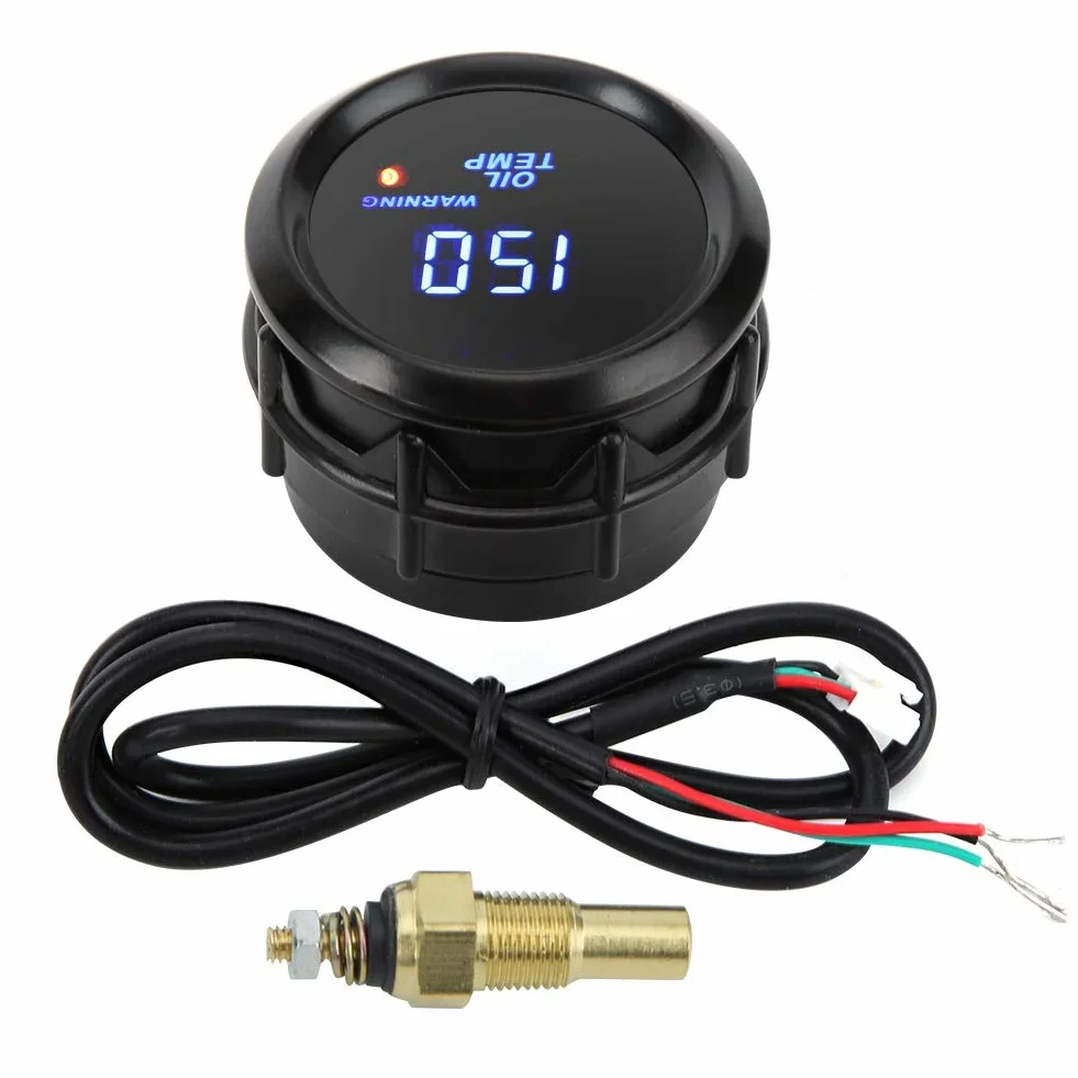 Indicatore di temperatura olio, 52mm Termometro olio con sensore 40~150 ℃ Indicatore di temperatura LED blu Display digitale Indicatore di pressione olio digitale per auto