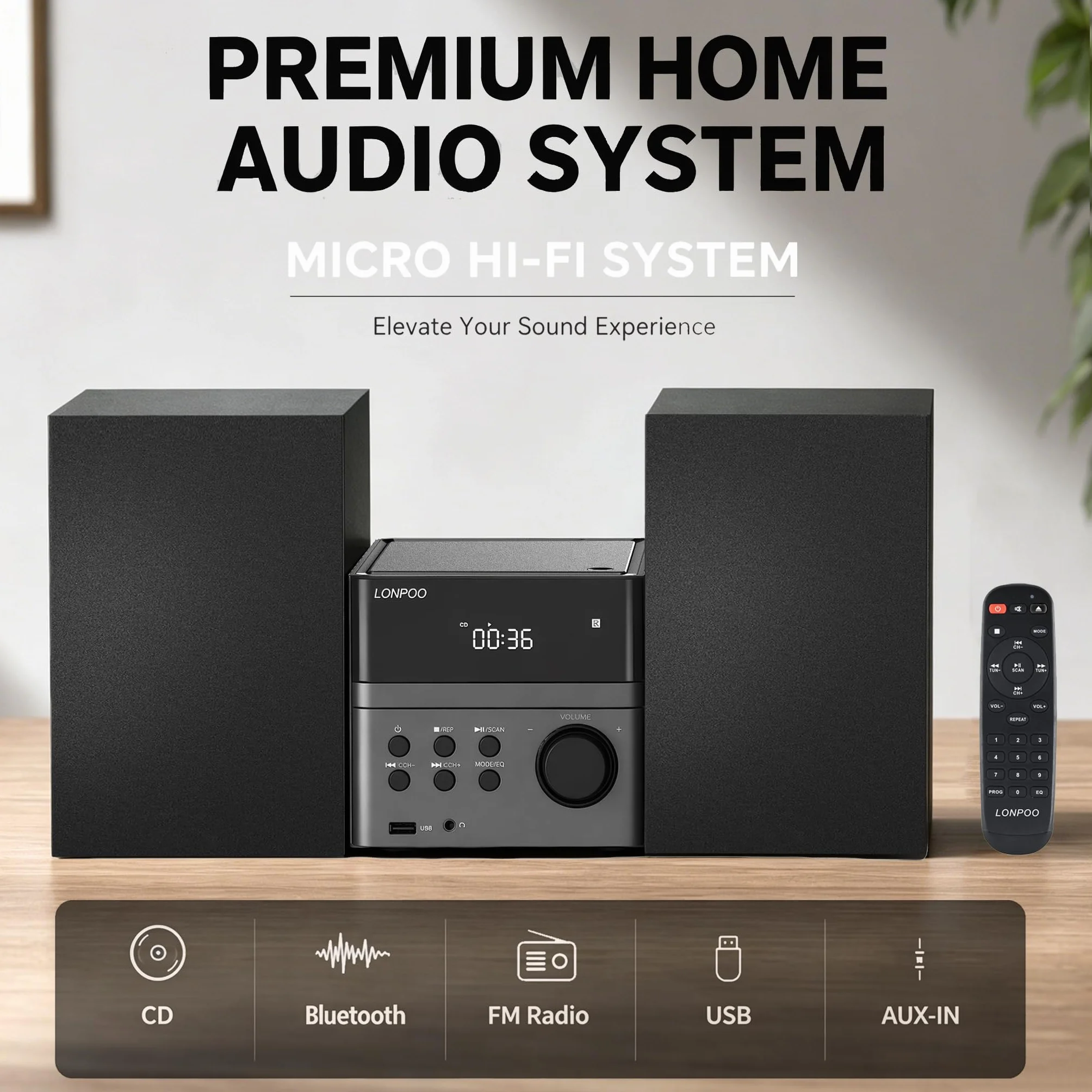 LONPOO Impianto Stereo Casa - 30W Micro HiFi Compatto con lettore CD, Bluetooth, radio FM, USB, AUX-in, display LED e pulsante grande, telecomando (LP-128)