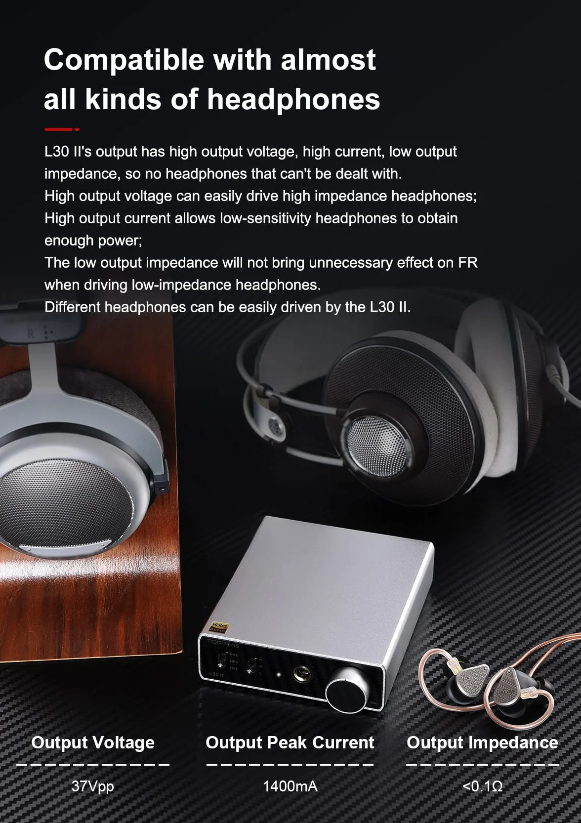 TOPPING L30 II NFCA Amplificatore per cuffie lineare - Jack da 6,35 mm Adattatore da 3,5 mm Ingresso e uscita RCA 37Vpp Mini amplificatore HiFi Uscita preamplificatore audio Nero