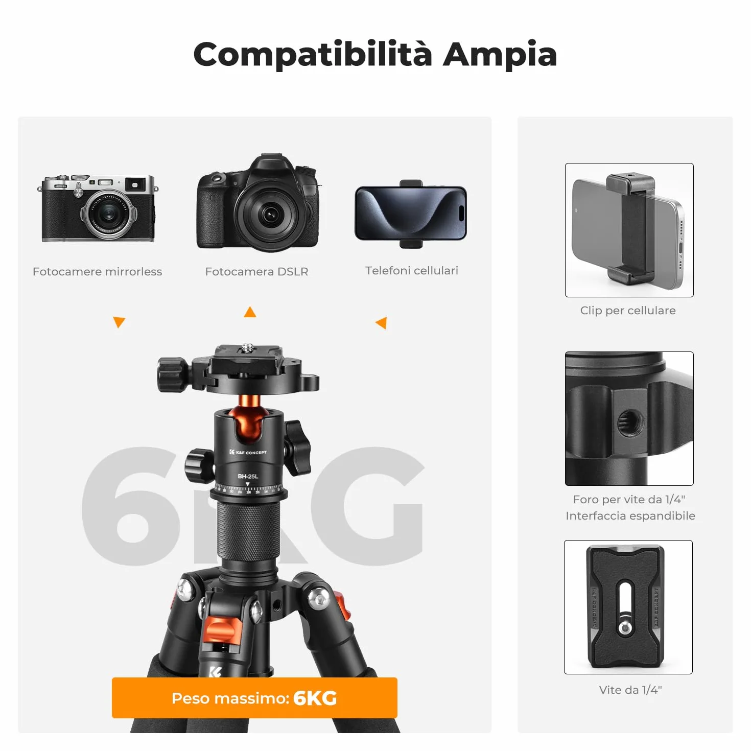 K&F CONCEPT Mini treppiede da tavolo portatile, Treppiede compatto per fotocamera e smartphone in alluminio da 52 cm con testa a sfera a 360°, Piastra rapida da 1/4" per DSLR ecc, capacità di 6 kg