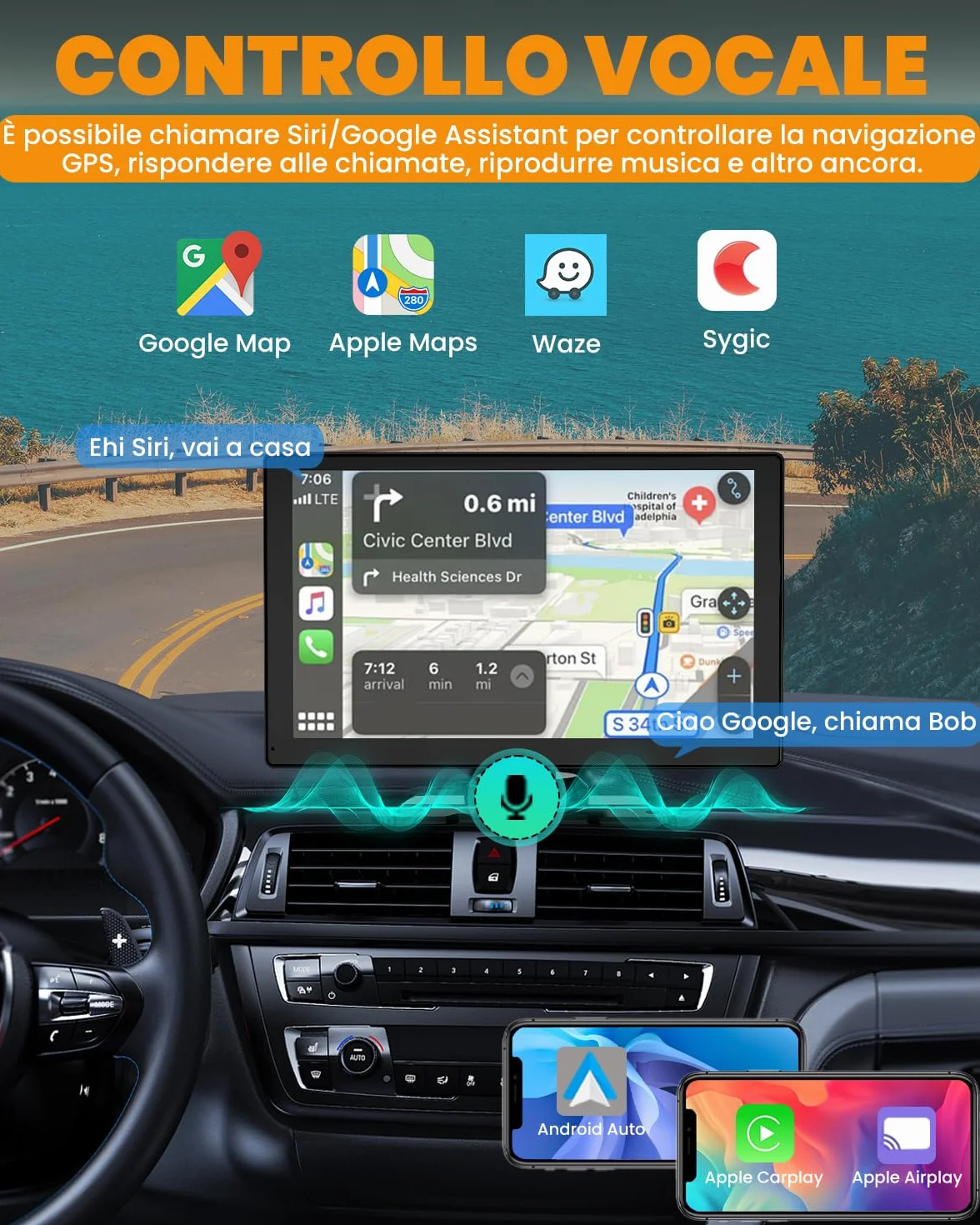 Carplay Auto, 9" Android Auto Wireless, Autoradio Bluetooth con Schermo con 1080P Telecamere Posteriori e Anteriori, Navigazione GPS, Controllo Vocale a Mani Libere, Mirror Link, AUX, FM