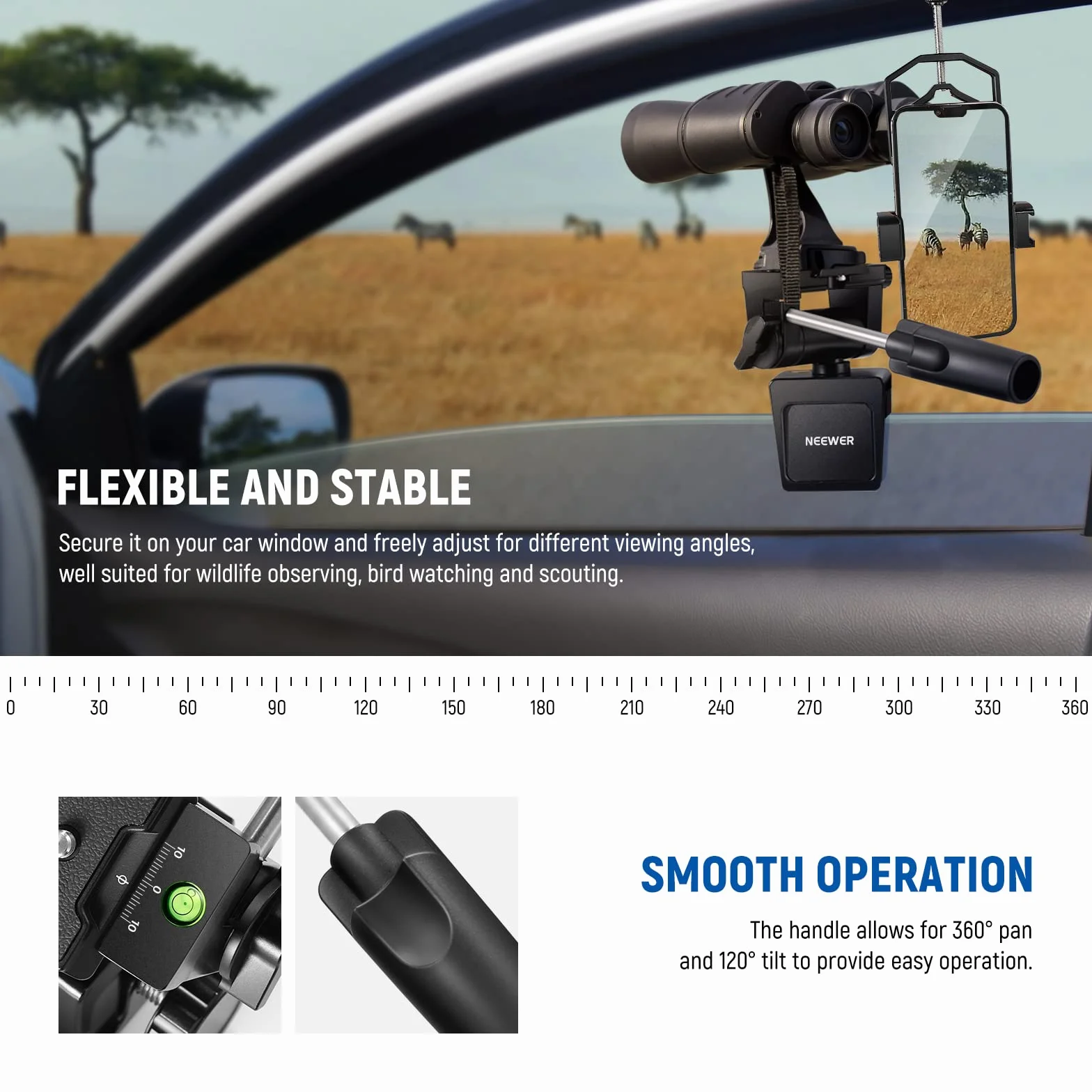 NEEWER Supporto per Finestrino Auto con Maniglia per Spotting Scope, Resistente per DSLR Telescopi, Rotazione a 360° Inclinazione a 120° per Osservazione di Fauna Selvaltica, Bird Watching, Scoutismo