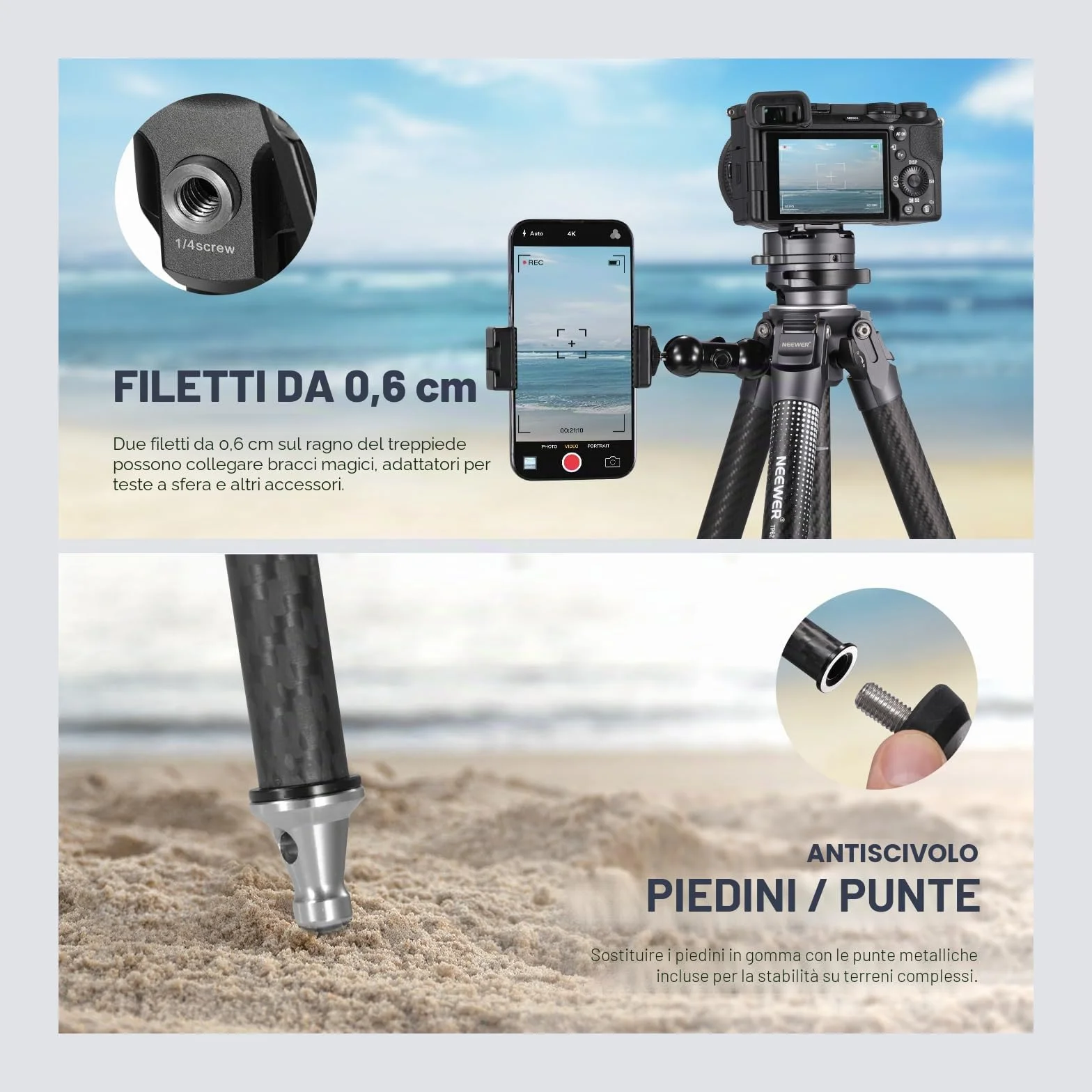 NEEWER Treppiede da Viaggio 62" Fibra di Carbonio con Livellamento ±15°Testa Pan 360°, Colonna Centrale Staccabile, Rilascio Rapido Arca Compatibile con Peak Design Piastra Treppiede Capture V3,TP62