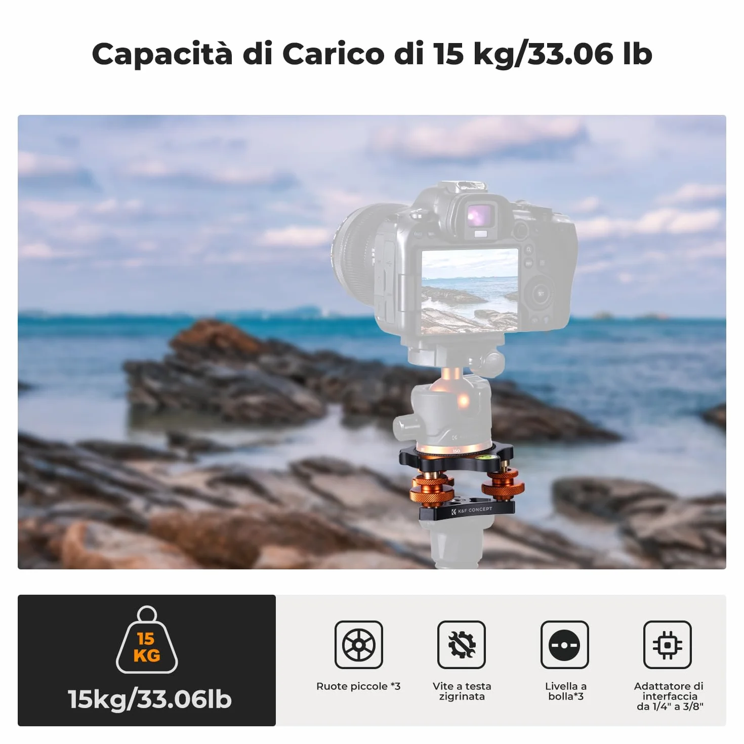 K&F Concept Base di Livellamento per Treppiede Fotocamera, Base in Alluminio con Vite da 3/8" e Adattatore a Vite da 1/4" a 3/8", Regolazione Precisa dell'angolo di ±5° per Fotografia Panoramica Micro