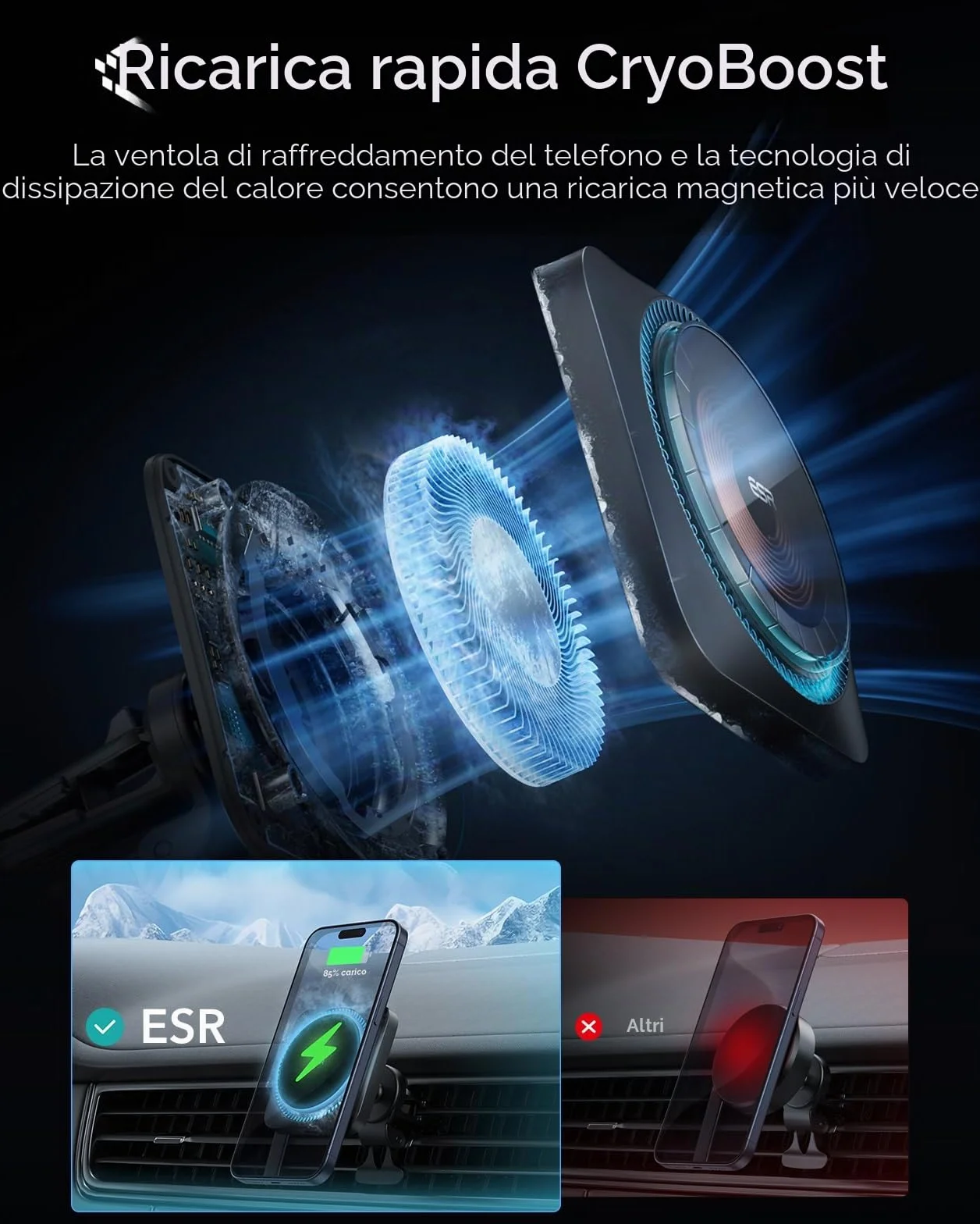 ESR HaloLock Caricatore Wireless per Auto con CryoBoost, Compatibile con iPhone 17/17e/16/15/14/13/12, S26/S25, MagSafe e Le Custodie Magnetiche, Ricarica Veloce, Ventola di Raffreddamento, Nero Opaco