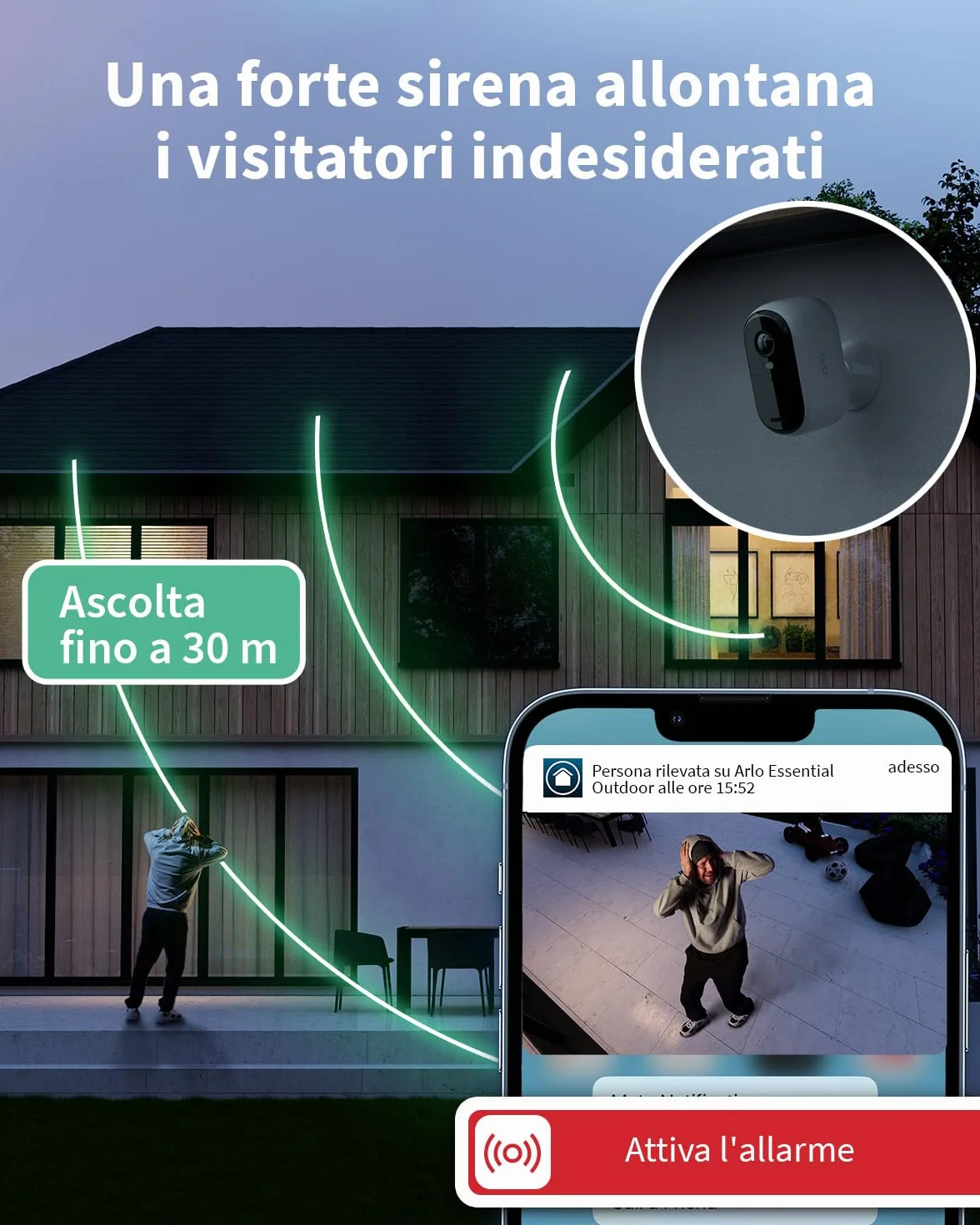 Arlo Essential HD Telecamera WiFi Esterno Senza Fili, Telecamera WiFi Interno, Sirena Allarme Casa, Sensore Di Movimento, Visione Notturna A Colori, Prova Inclusa Arlo Secure, 2 Telecamere, Bianche