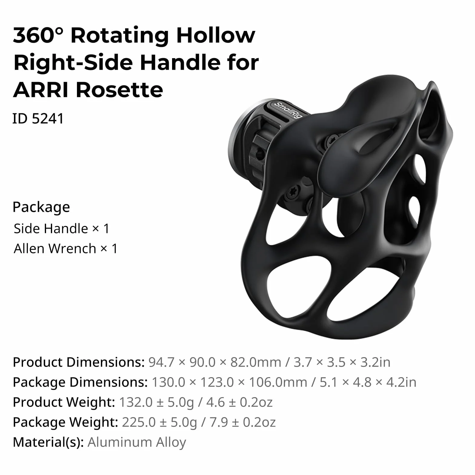 SMALLRIG Maniglia cava rotante a 360° sul lato destro per rosetta ARRI, carico 15 kg per gabbie per fotocamere e supporti a spalla