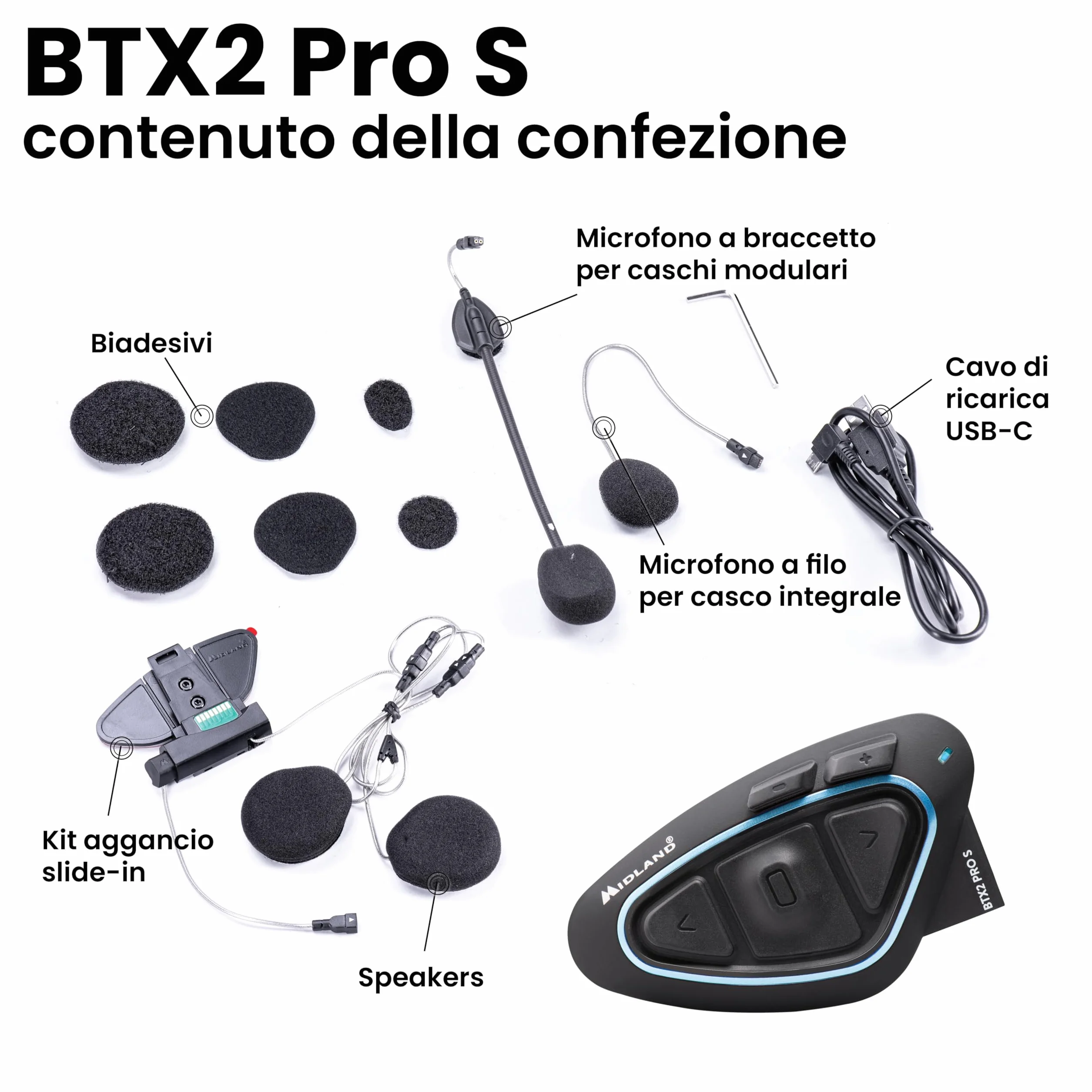 Midland Interfono Moto Bluetooth BTX2 Pro S Singolo, Auricolari Casco Impermeabili IPX6, Doppio Processore BT, 800 m, 4 Coppie, Batteria 23H, Cancellazione Rumore, Audio Hi-Fi