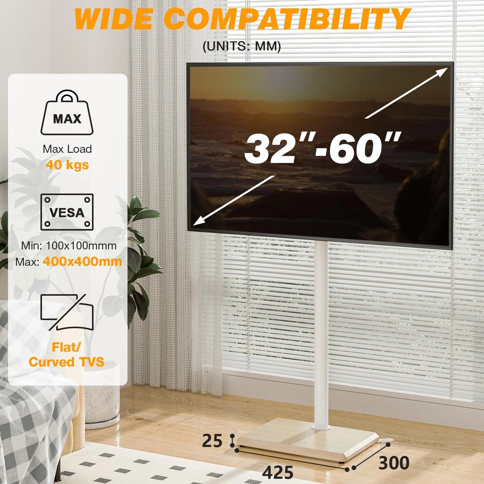 TVON Supporto da pavimento per TV da 32 a 60 pollici, alto con piedini di supporto, supporto angolare sottile per TV regolabile in altezza, supporto girevole per TV, max VESA 400 x 400 mm fino a 40 kg