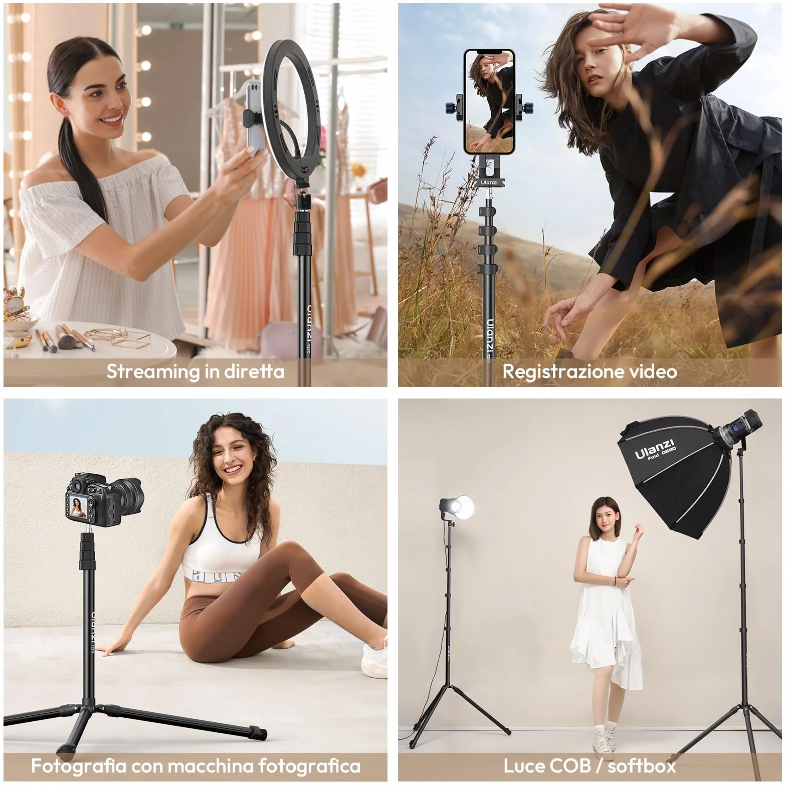 ULANZI T270, Stativo Fotografico in Alluminio da 270cm, Cavalletto per luci fotografiche con pesa 1,27 kg e capacità di carico 6 kg, Treppiede con vite da 1/4" per fotografia in Studio ed Esterna