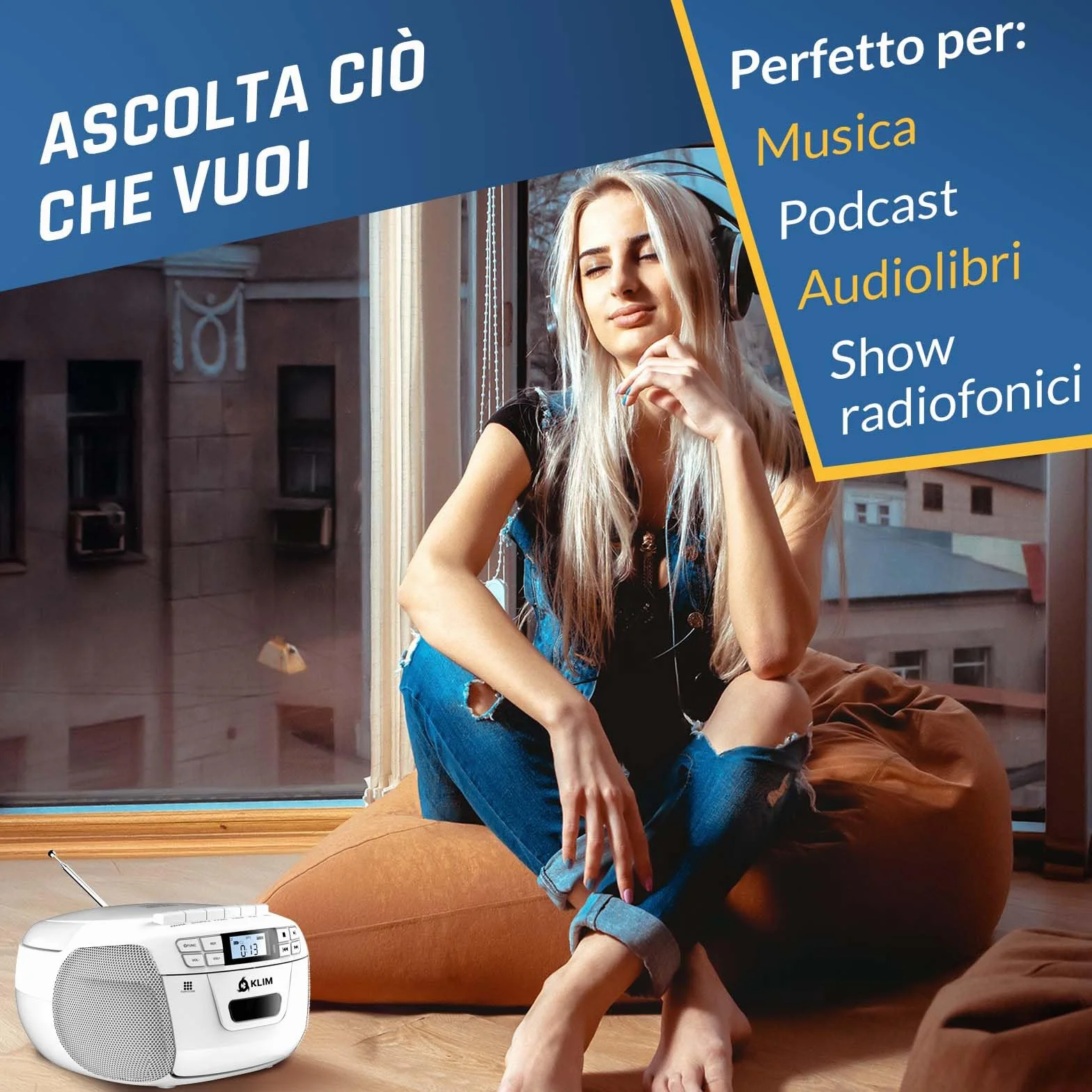 KLIM Lettore CD - Lettore Cassette Audio, AM/FM Radio Bluetooth, Stereo CD Player, Remota, Registrazione Su Nastro, USB Drive, AUX, Radio Stereo Casa Alimentazione AC/DC - Bianco