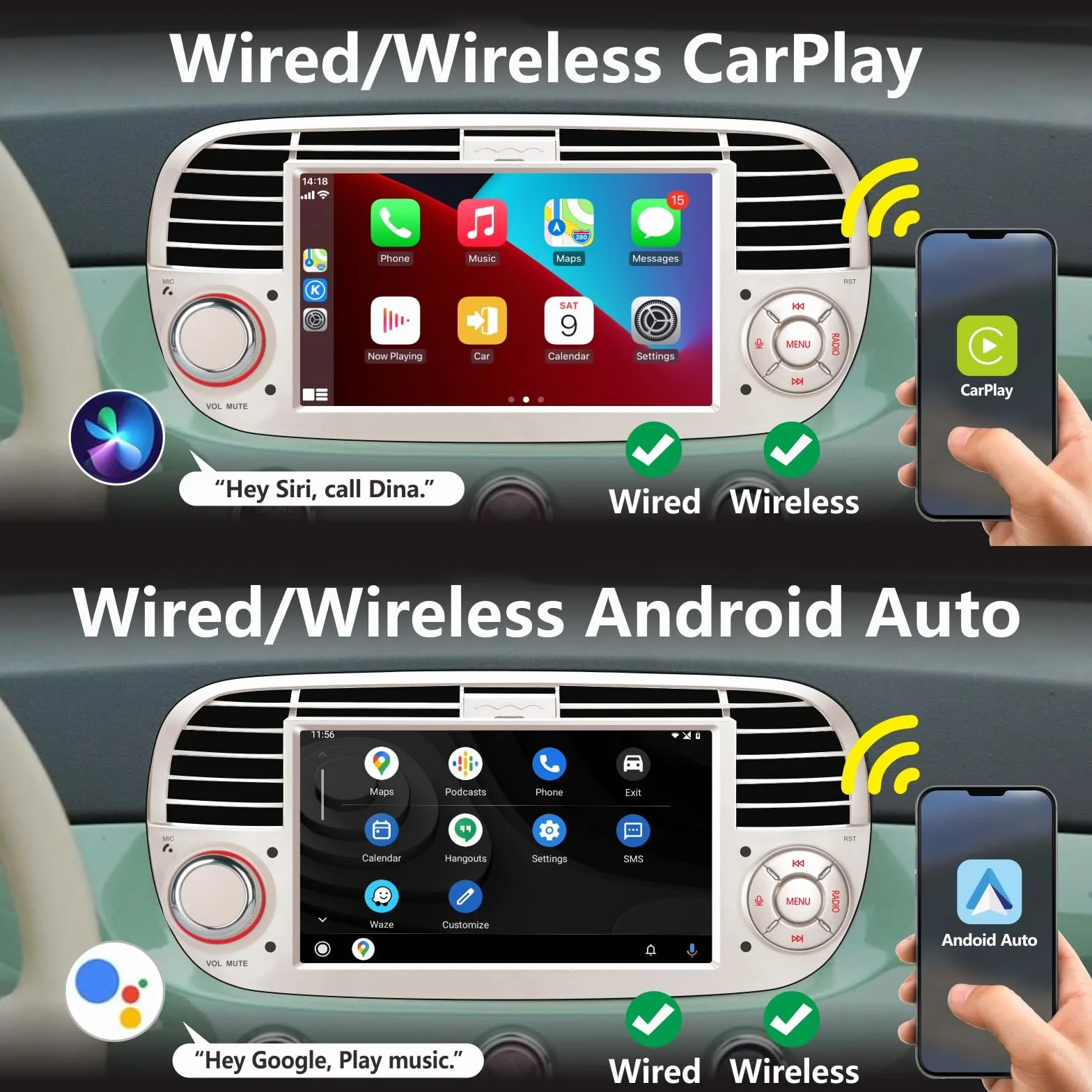 [Versione Plus] Aphrfamma Autoradio compatibile con CarPlay wireless/Android Auto per Fiat Fiat 500 2007-2015 con 7 Pollici IPS Bluetooth/FM/AM/USB/Mirror Link/Touch Display (bianco)