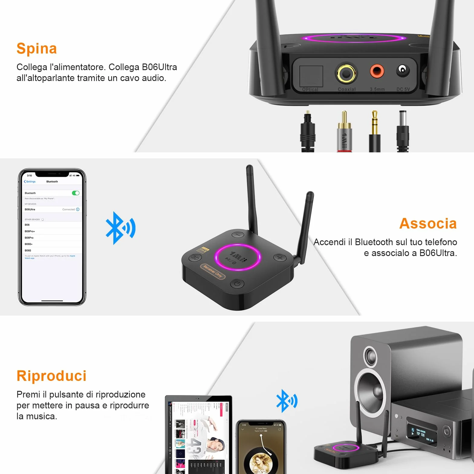 1Mii B06Ultra Ricevitore Bluetooth 5.3 HiFi con Hi-Res LDAC, Adattatore Audio Bluetooth Wireless con DAC Audiofilo, 3D Surround aptX HD/Bassa Latenza, Uscita Ottica/Coassiale/AUX 3.5mm per Stereo