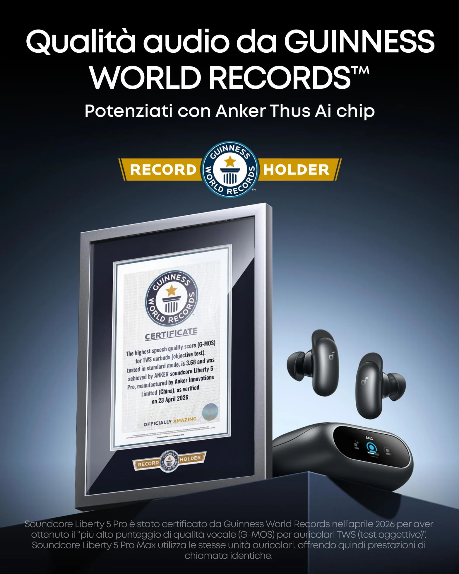 Soundcore Liberty 5 Pro di Anker, Qualità delle chiamate da Guinness World Records, Chip AI Anker Thus, Auricolari Bluetooth con Cancellazione Rumore Attivo, Dolby Atmos, LDAC, Batteria 28 Ore