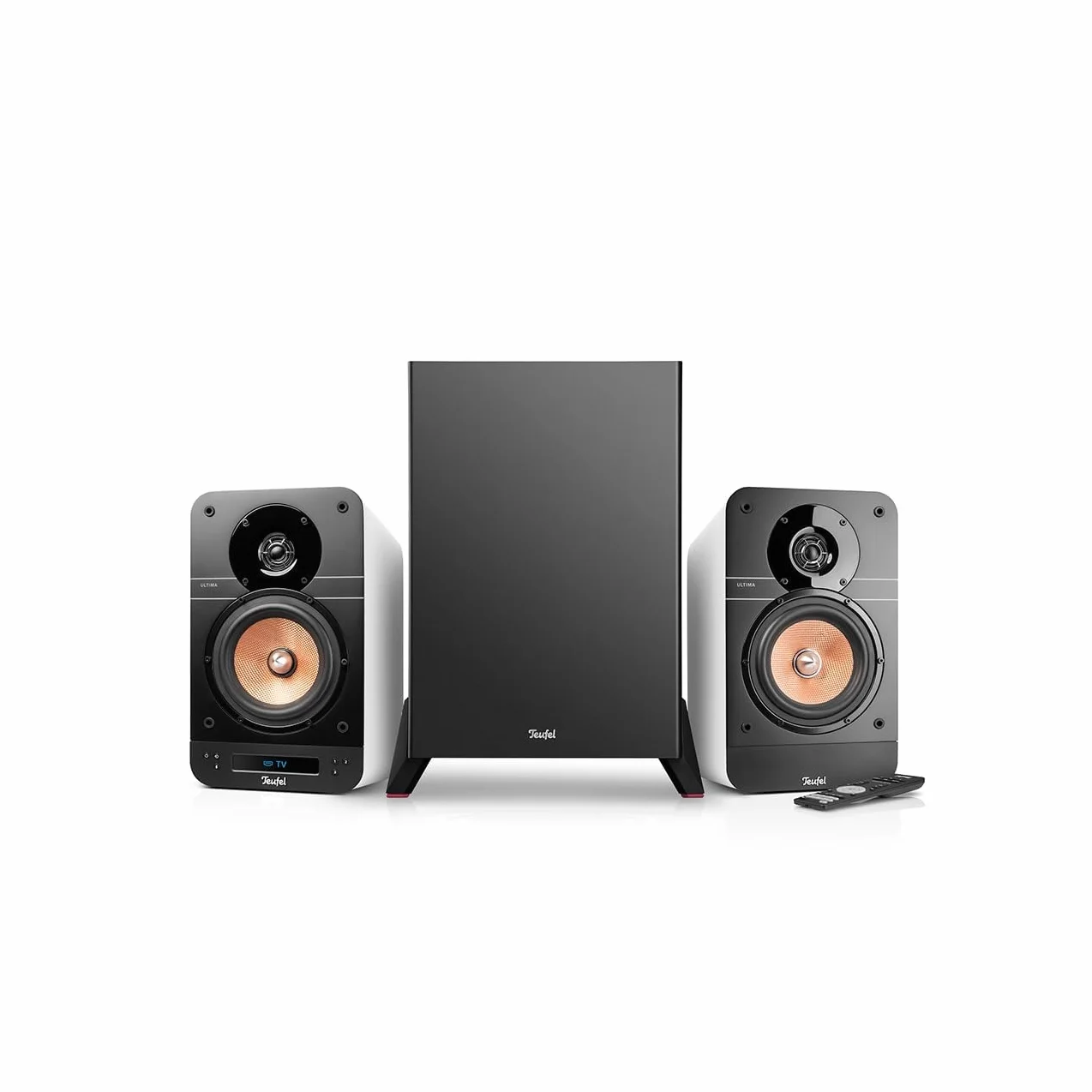 Teufel ULTIMA 25 AKTIV Club Edition 2.1 - Sistema audio con subwoofer - Altoparlante attivo da scaffale con Bluetooth e ricevitore AV integrato, Dolby Audio, DAB+, HDMI ARC CEC, Touch Slider - bianco