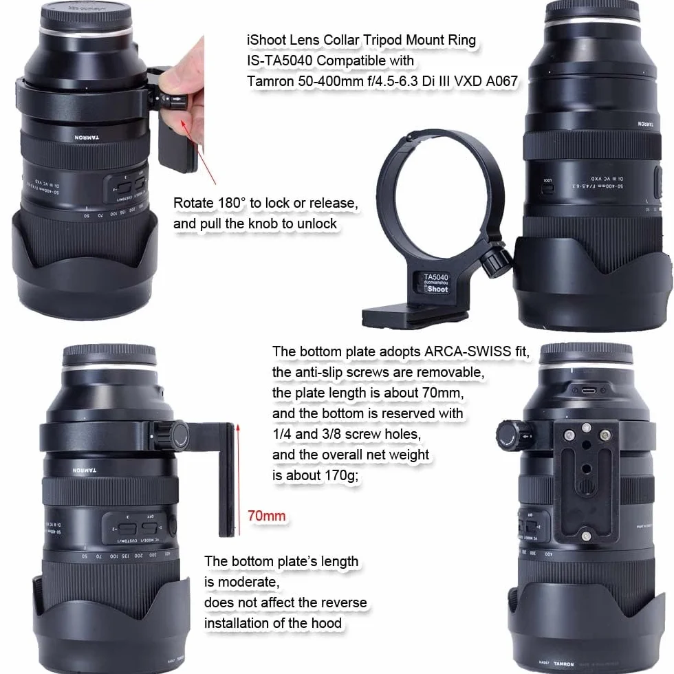 iShoot Collare per obiettivo con anello di montaggio per treppiede in metallo compatibile con Tamron 50-400 mm f/4.5-6.3 Di III VXD A067, supporto per obiettivo staffa inferiore è Arca-Swiss Fit