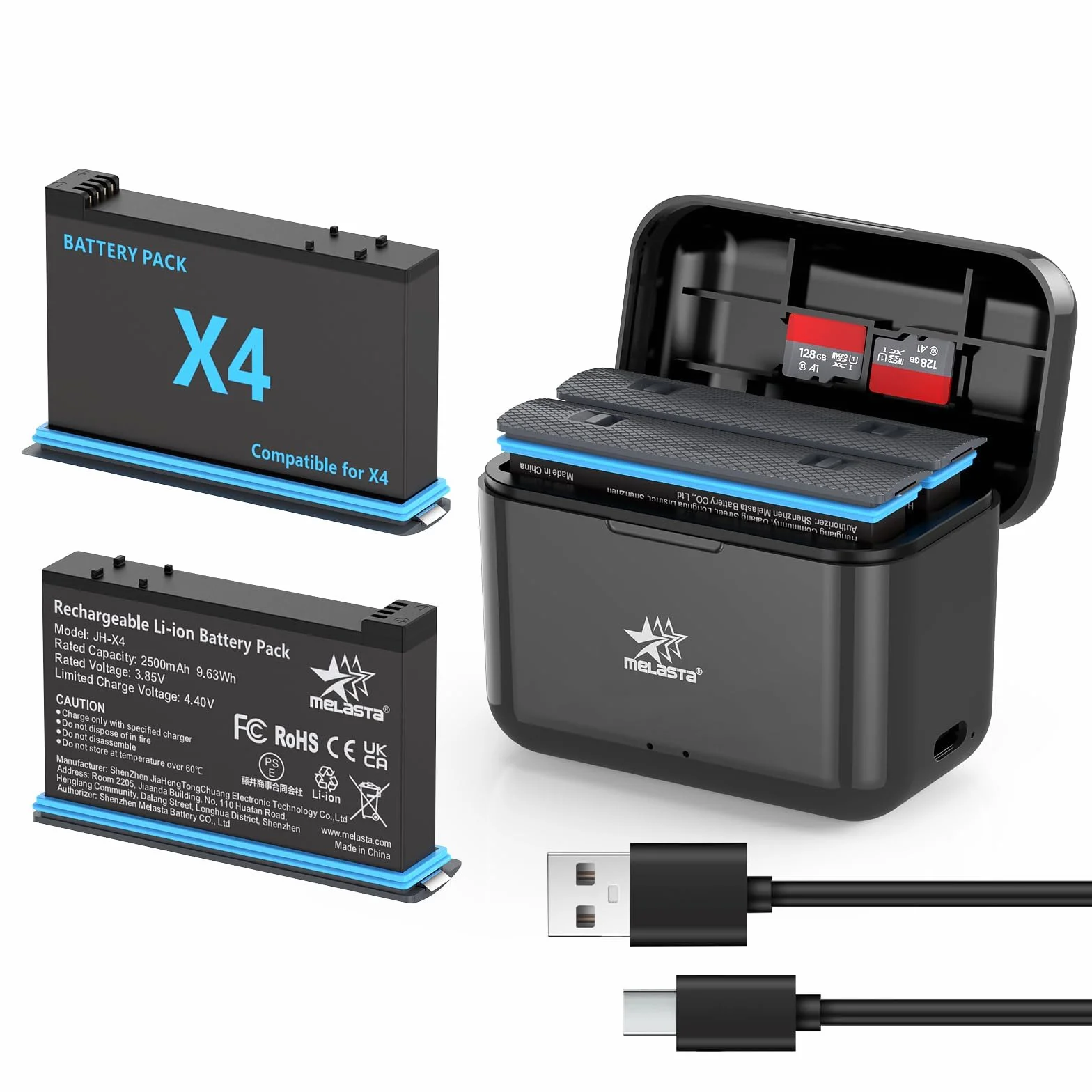 melasta per Insta360 X4 Batteria al Litio Ricaricabile, 3,85V 2500mAh Batteria x4 e Caricatore Con 2 Batterie e 1 Caricatore (con Slot per Schede)