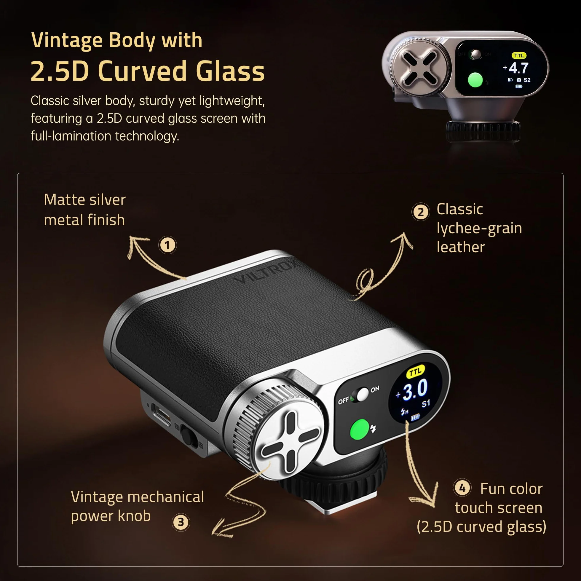 VILTROX Vintage Z1 Pro TTL Retro On-Camera Flash con Touch Display, 24Ws 1s Riciclare GN12 CCT 6000K ± 200K Mini Flash per Fotografia Portatile Illuminazione (per Nikon)