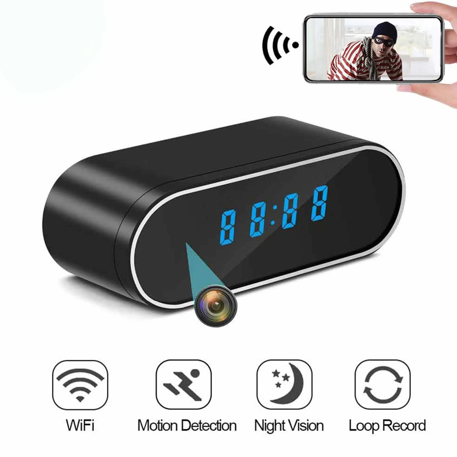 Sxhlseller Telecamera Orologio WiFi FHD 1080P, Telecamera Sveglia Digitale con Rilevamento di Movimento, Visione Notturna, Grandangolo di 130°, Visualizzazione Remota con App a 2,4 GHz,