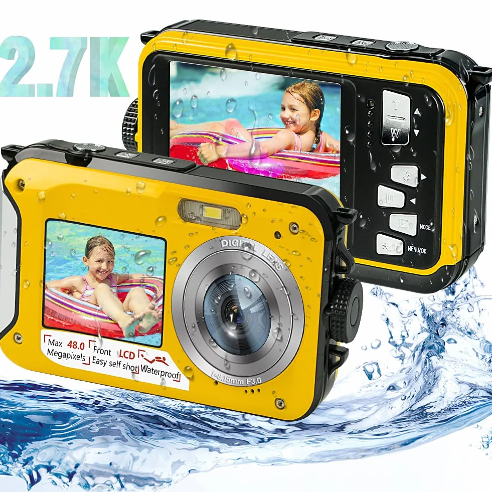 Macchina Fotografica Subacquea 48 MP Fotocamera Subacquea Digitale Full HD 2.7K Fotocamera Digitale Subacquea con Doppio Schermo (Giallo)